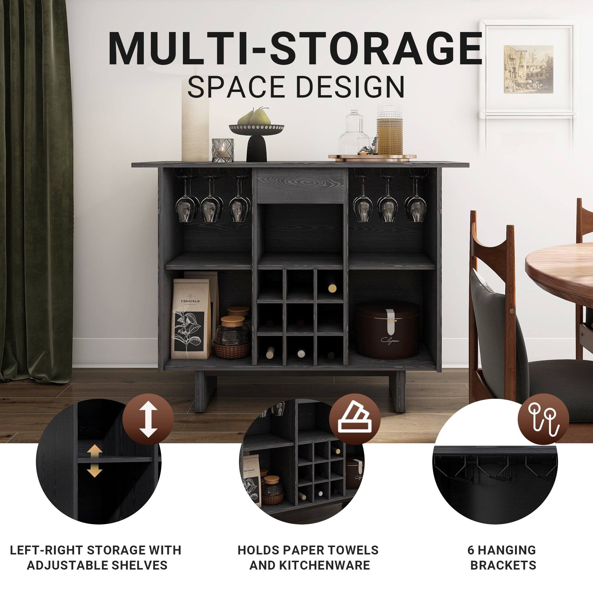 MULTI-STORAGE SPACE DESIGN

LEFT-RIGHT STORAGE WITH ADJUSTABLE SHELVES HOLDS PAPER TOWELS AND KITCHENWARE

6 HANGING BRACKETS