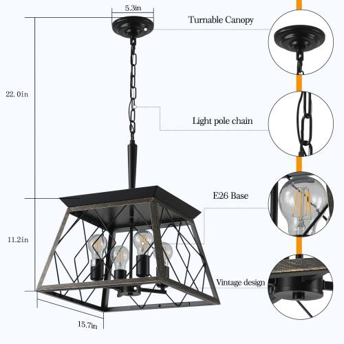 5.3in Turnable Canopy  
22.0in Light pole chain  
E26 Base  
11.2in  
Vintage design  
15.7in