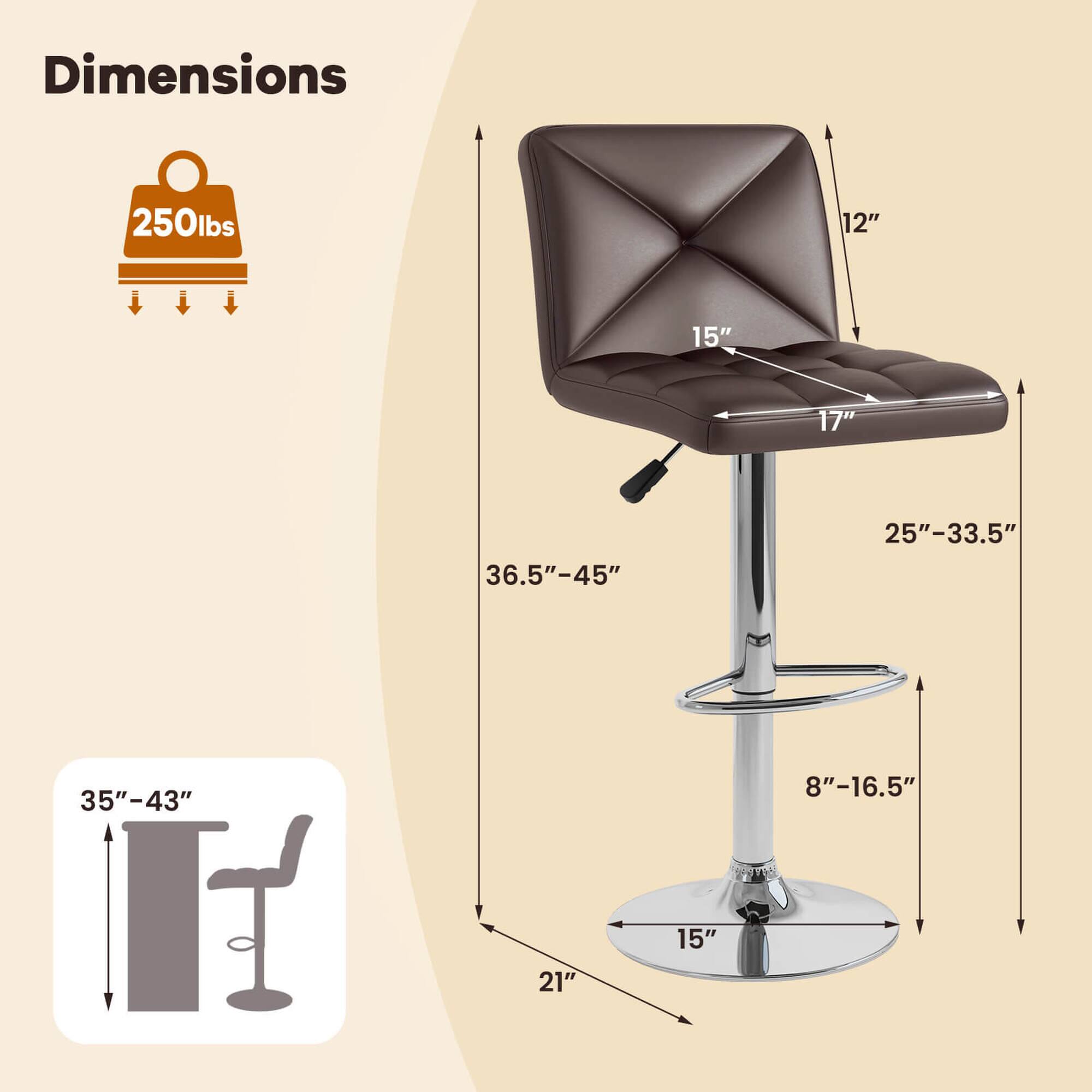 Dimensions: 250lbs, 12" x 15" x 17", 36.5"-45" x 25"-33.5" x 35"-43", 8"-16.5" x 21" x 15".