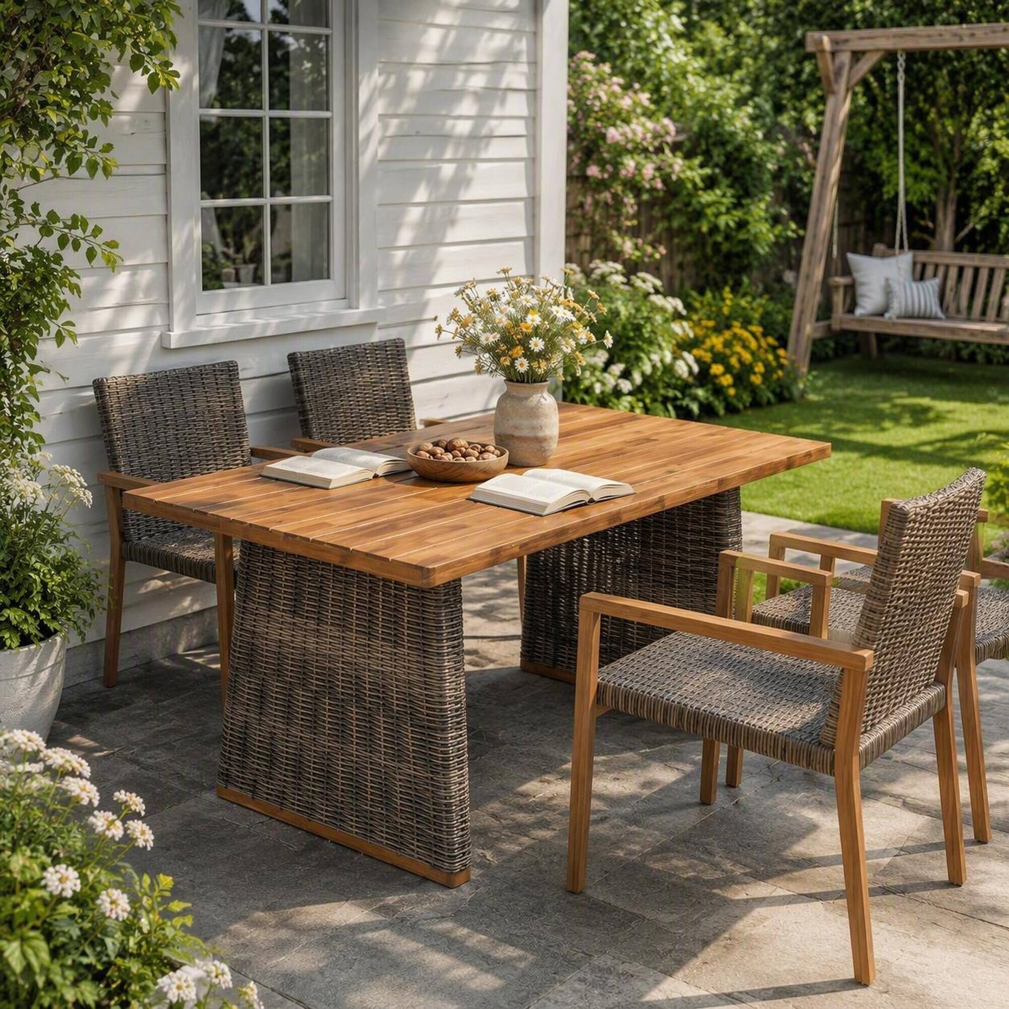 Alt View 2. RYHNUYNE - Rectangular Outdoor Dining Table With Acacia Wood Slat Top & Woven Wicker Base,Rustic Patio Table For Backyard - Grey,Teak.