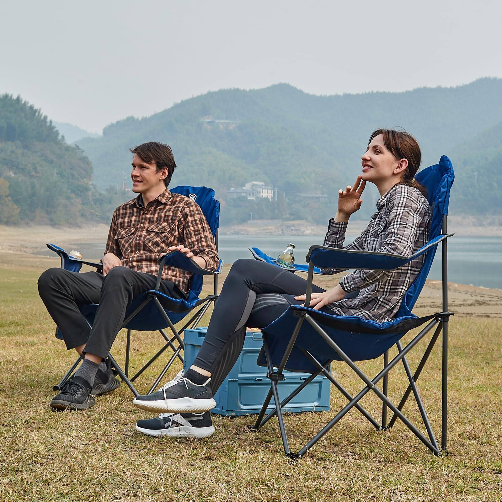 Angle. JETRANSPORT - Folding Camping Chair With High Padded 2 Pack Oversized Portable Lawn Chairs Lightweight Sturdy Steel - Heated Black 2 Pack.