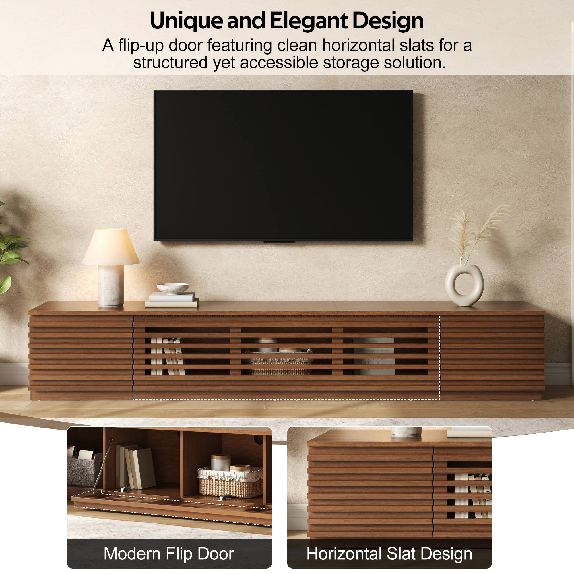 Unique and Elegant Design  
A flip-up door featuring clean horizontal slats for a structured yet accessible storage solution.

Modern Flip Door  
Horizontal Slat Design