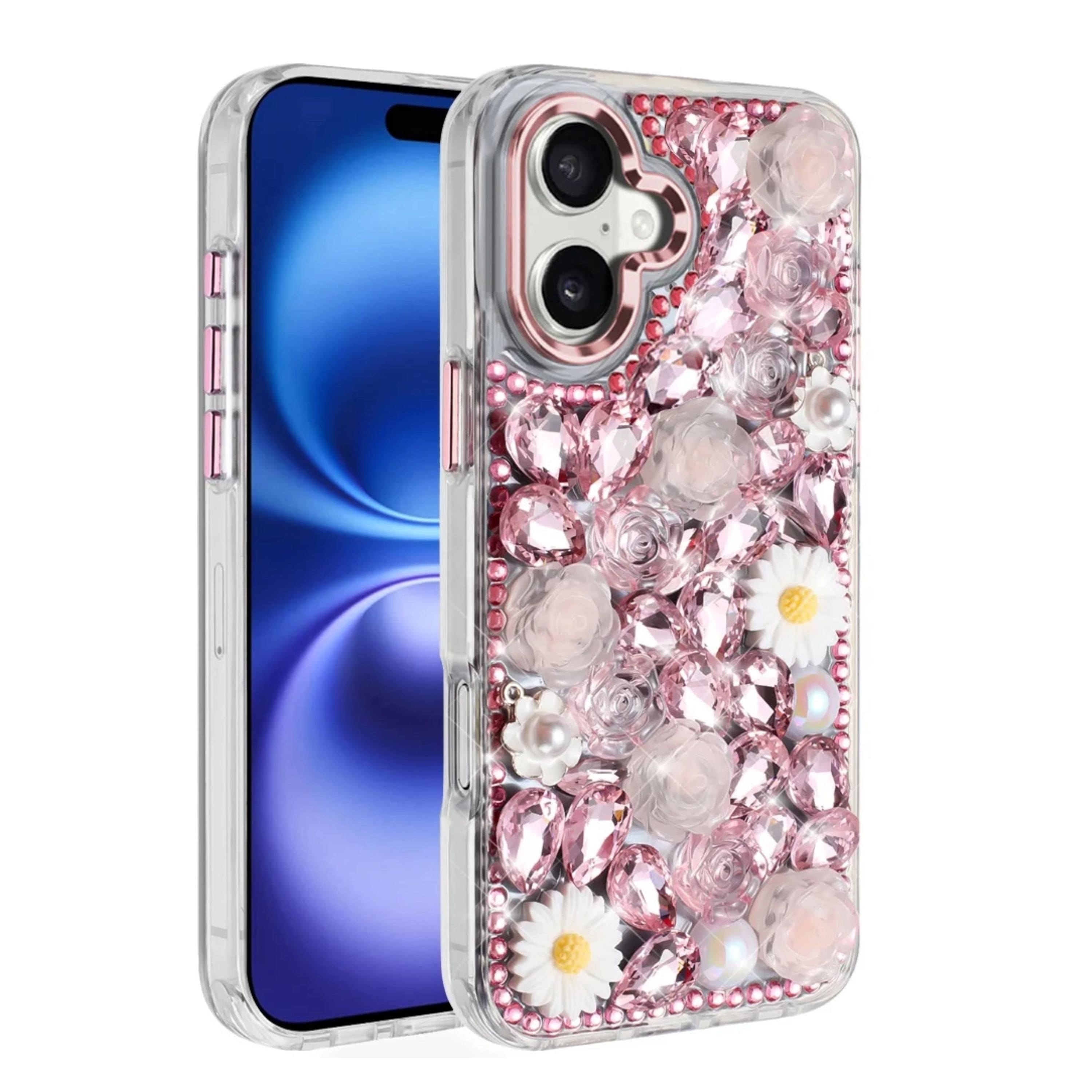 Kitcheniva - Full 3D Faux Jewel Floral Phone Case With Tempered Glass For iPhone 17 - Pink price history on PriceWatchPro