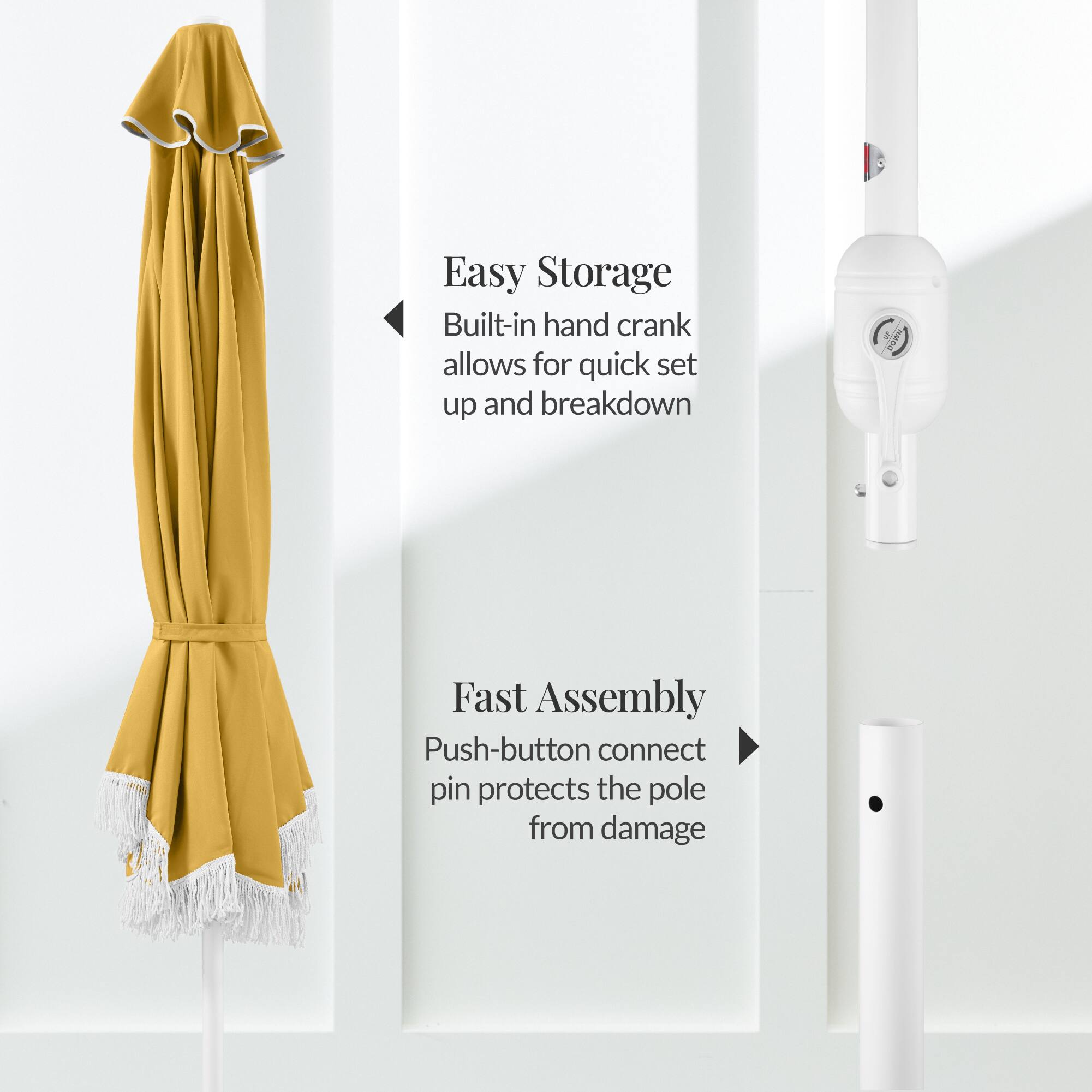 Easy Storage  
Built-in hand crank allows for quick set up and breakdown

Fast Assembly  
Push-button connect pin protects the pole from damage