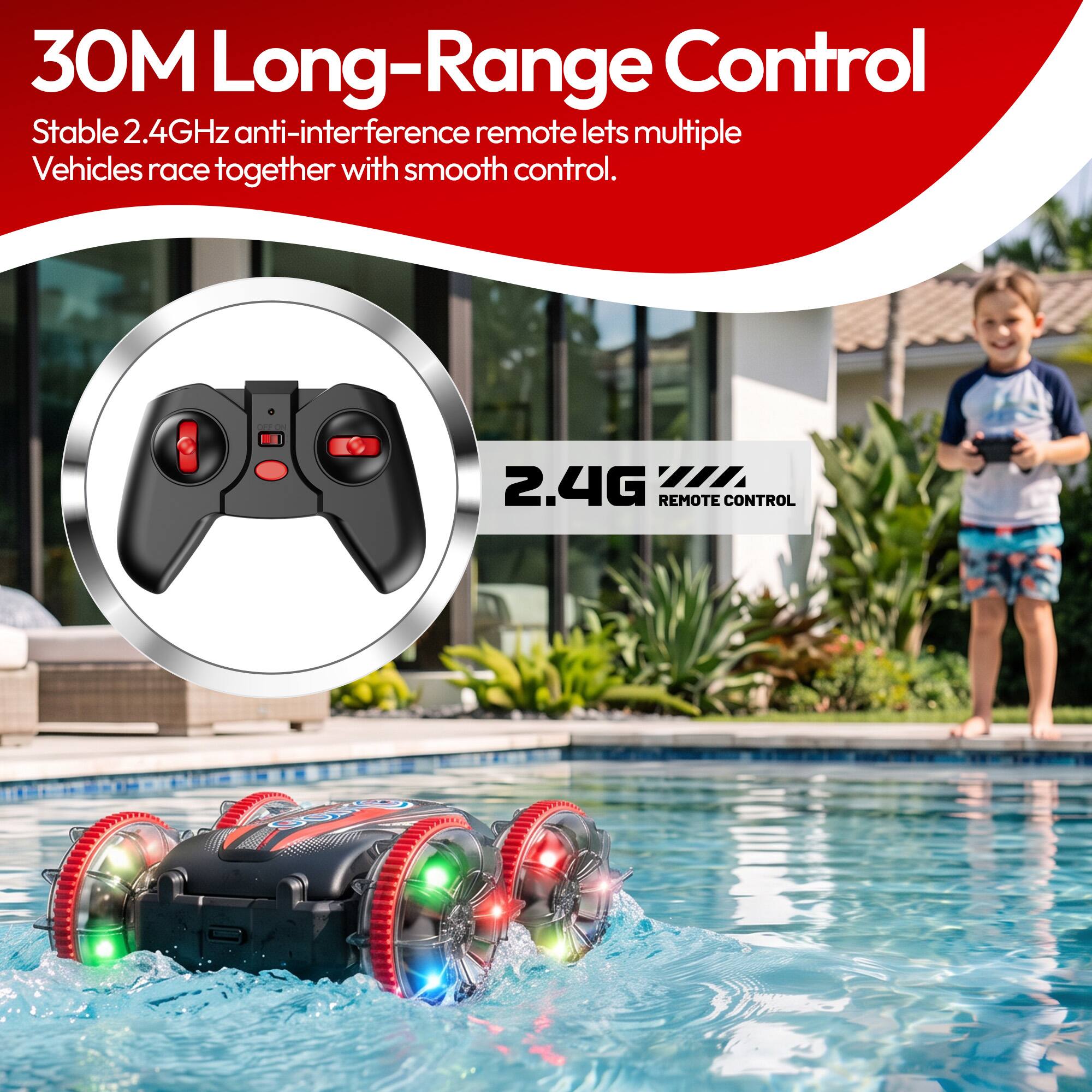 30M Long-Range Control  
Stable 2.4GHz anti-interference remote lets multiple Vehicles race together with smooth control.  
2.4G REMOTE CONTROL