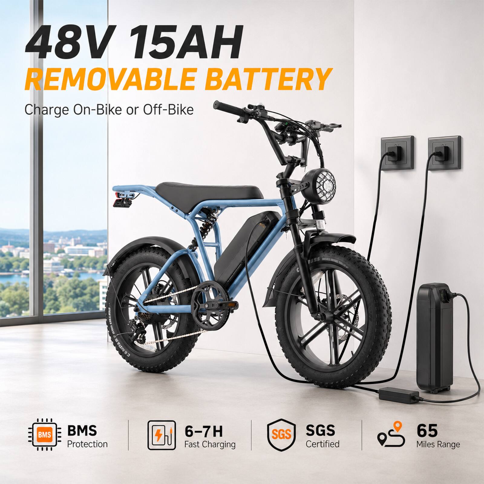 48V 15AH REMOVABLE BATTERY  
Charge On-Bike or Off-Bike  

COYOTO  
BMS Protection  
6-7H Fast Charging  
SGS Certified  
65 Miles Range