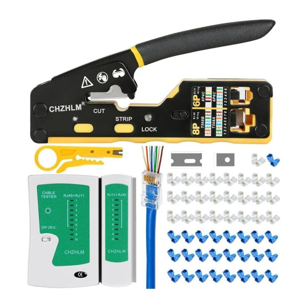CHZHLMR CUT STRIP LOCK  
8P T568B  
6P 6P4C 6P6C EA 123456  
8P T568A  
CABLE TESTER RJ45+RJ11  
RJ11+RJ45  
OFF ON S  
CHZHLM  
CHZHLM  
CE