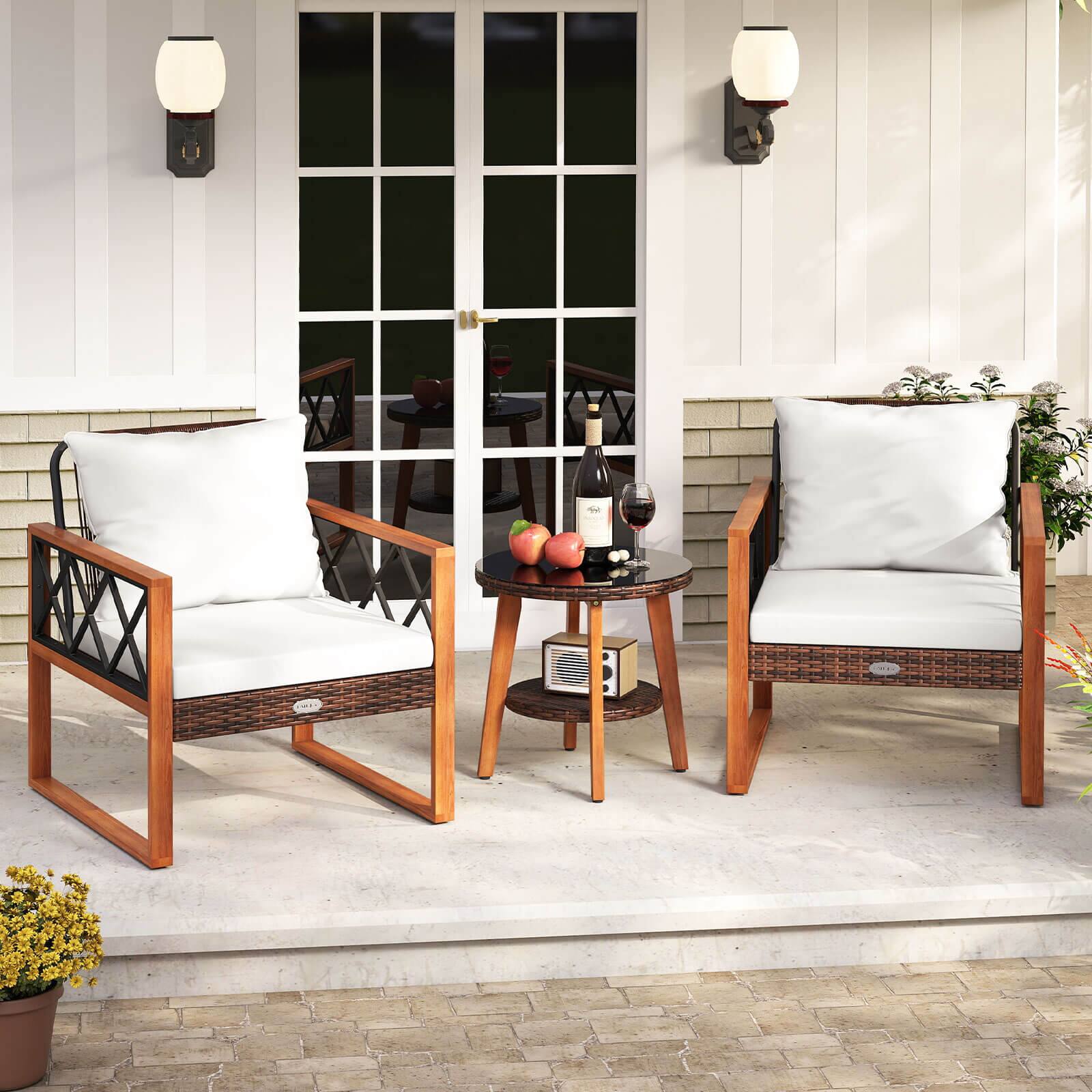 Alt View 1. Costway - Costway 3 PCS Patio PE Wicker Furniture Set with Solid Acacia Wood Frame & Cushions - White.