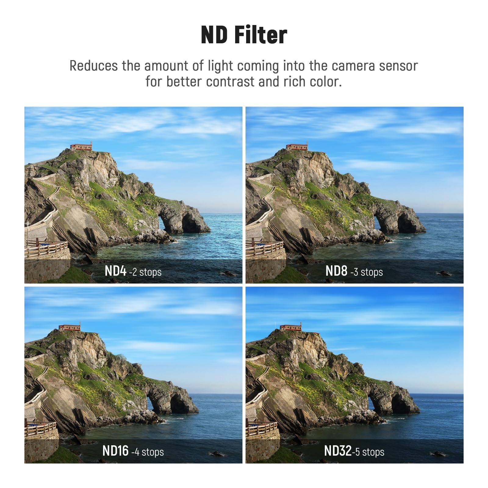 ND Filter

Reduces the amount of light coming into the camera sensor for better contrast and rich color.

ND4 - 2 stops

ND8 - 3 stops

ND16 - 4 stops

ND32 - 5 stops