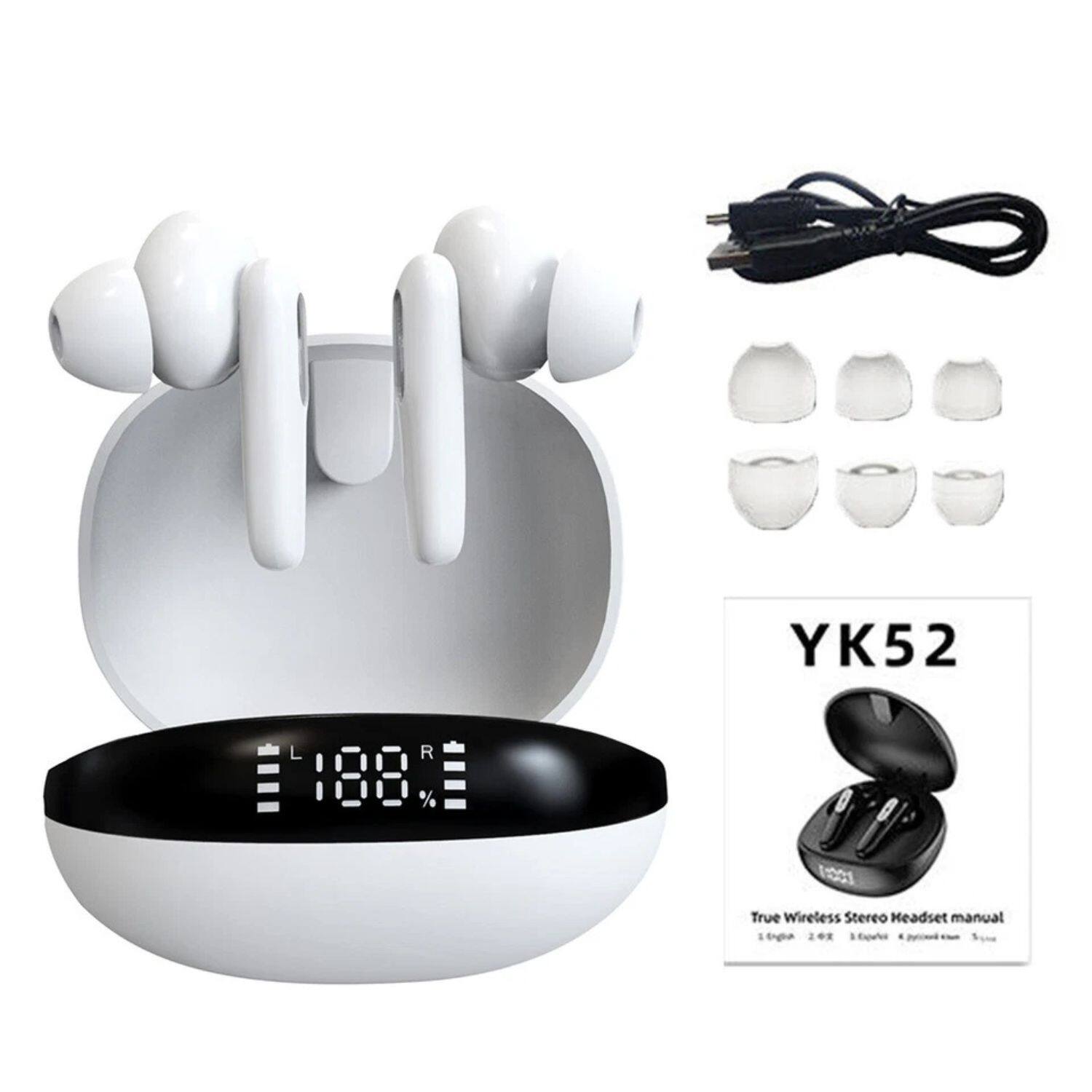 YK52  
True Wireless Stereo Headset manual  

1. Earbuds  
2. Charging Case  
3. USB Cable  
4. Ear Tips  

188%