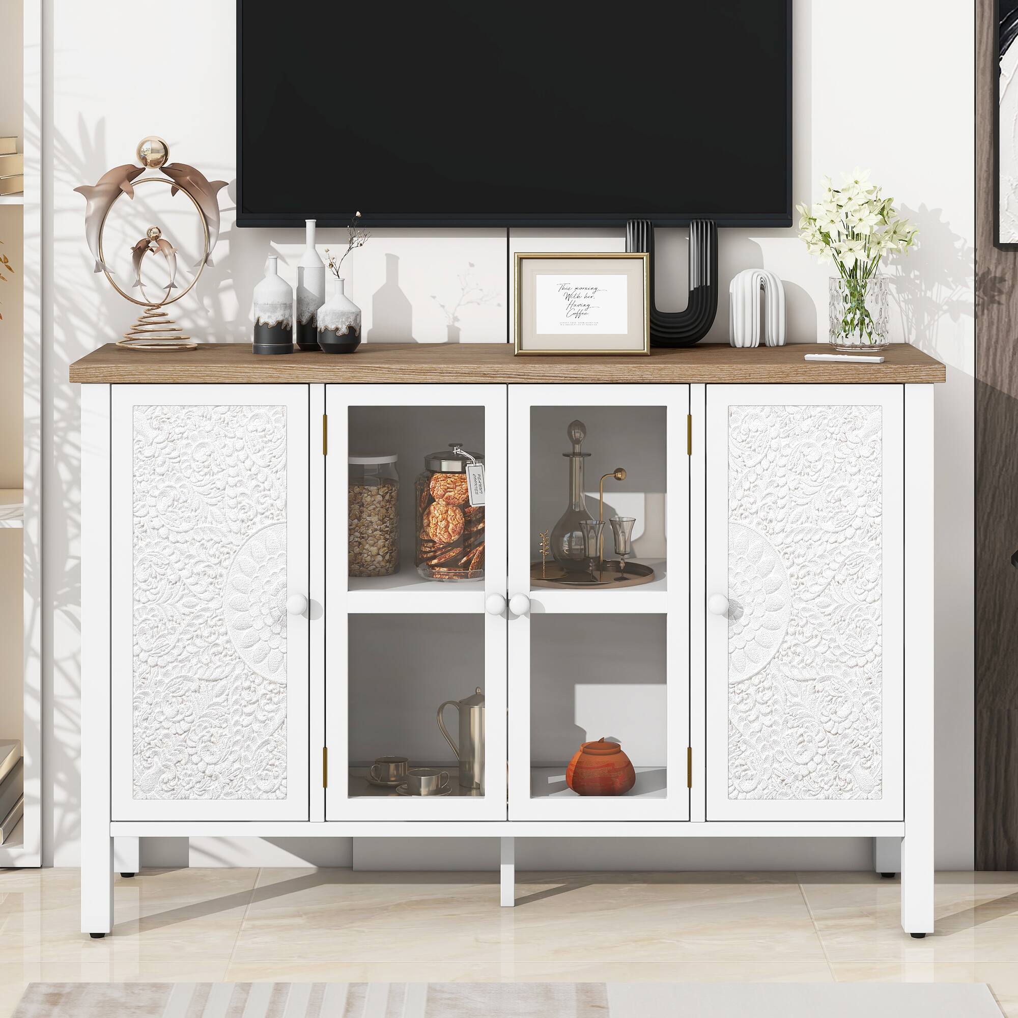 Front. Spaco - Spaco Retro TV Stand for 43 Inch TVs, Entertainment Center with 3 Spacious Glass Door Cabinets and Anti-tip Device - White.