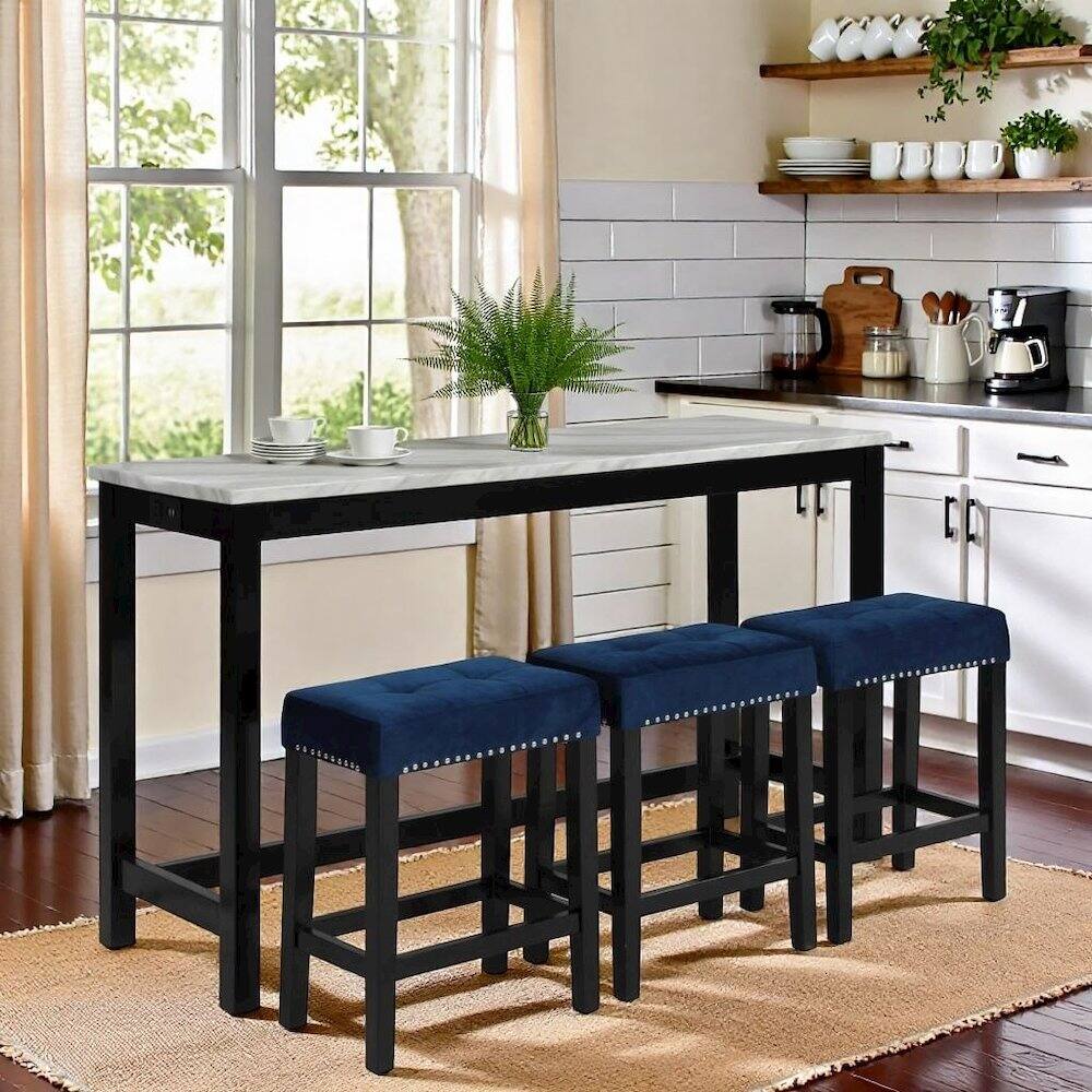 Left. FurniFact - Blue Bar Table Set – Console Table with Stools for Kitchen or Lounge - Blue.