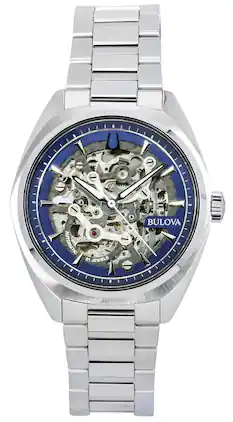 Bulova - Classic Surveyor Stainless Steel Blue Skeleton Dial Automatic 96A292 100M Men's Watch - Silver