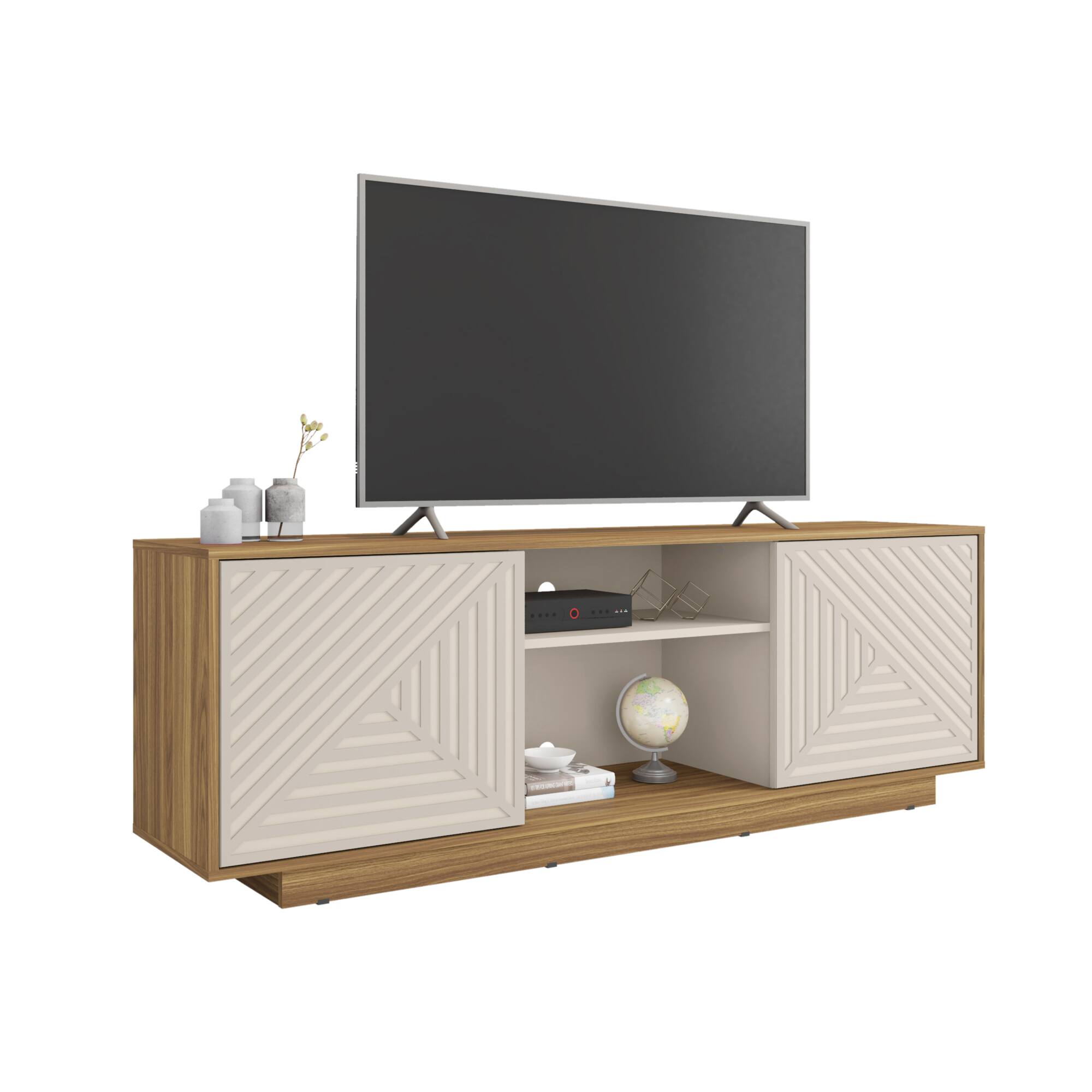 Angle. GOODSILO - Modern TV Stand with Hidden Storage and Open Shelving for Screens Up to 70 Inches - Oak Natural Wood + Antique White.
