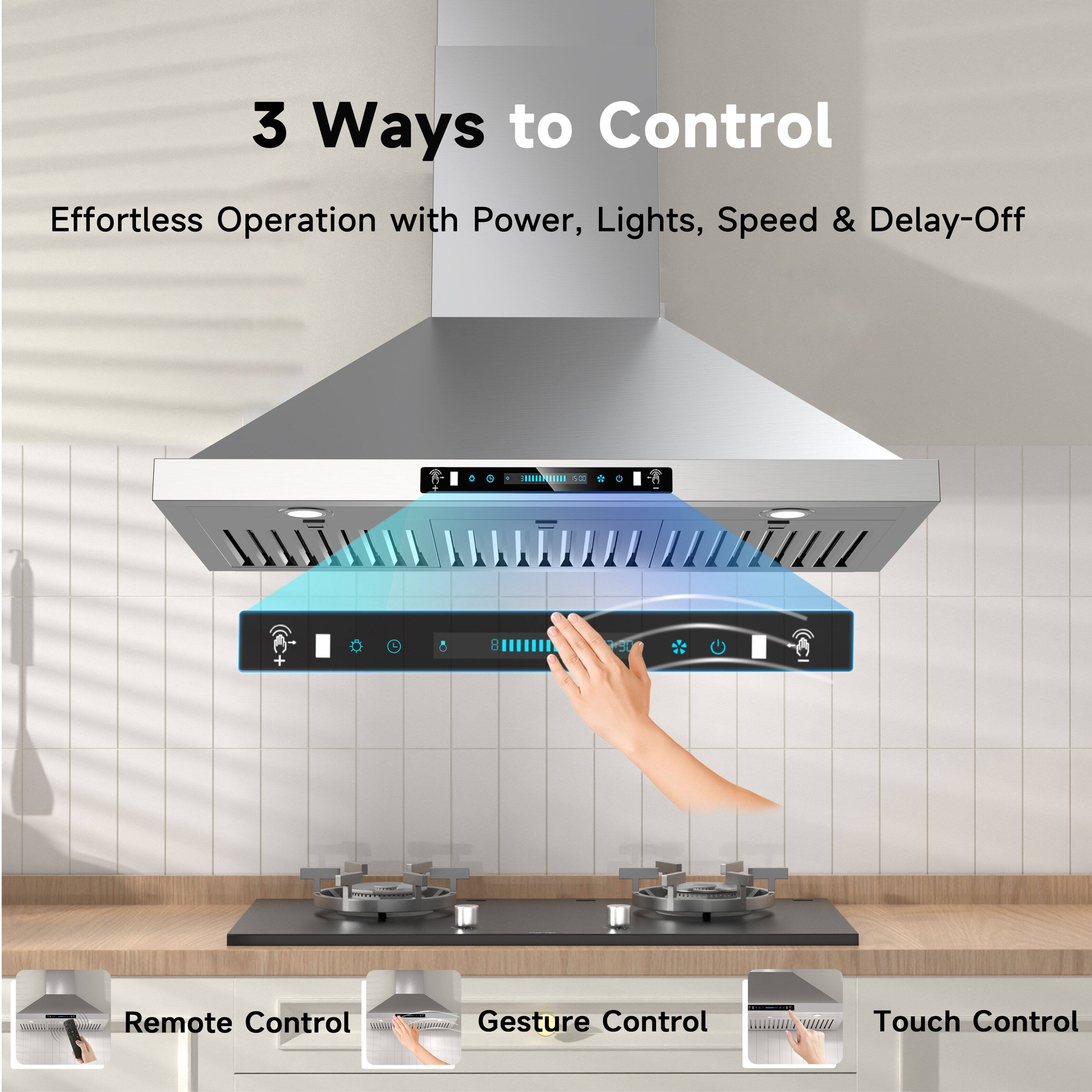 3 Ways to Control  
Effortless Operation with Power, Lights, Speed & Delay-Off  

WE031E  

- Remote Control  
- Gesture Control  
- Touch Control