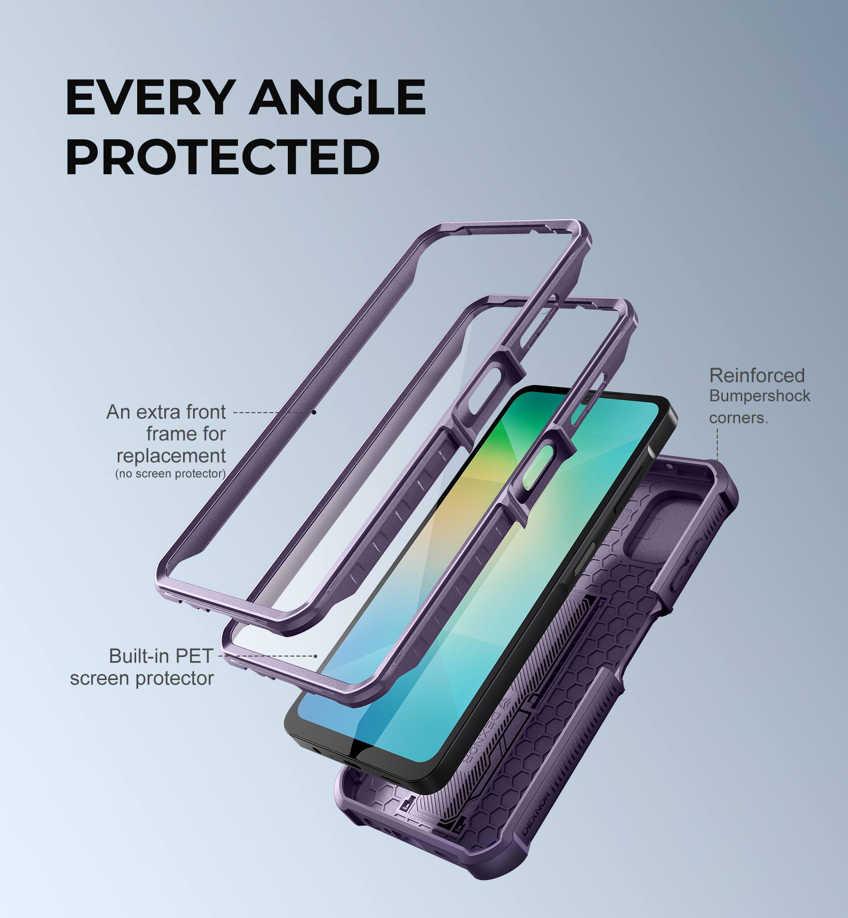 EVERY ANGLE PROTECTED

- An extra front frame for replacement (no screen protector)
- Built-in PET screen protector
- Reinforced Bumpershock corners.