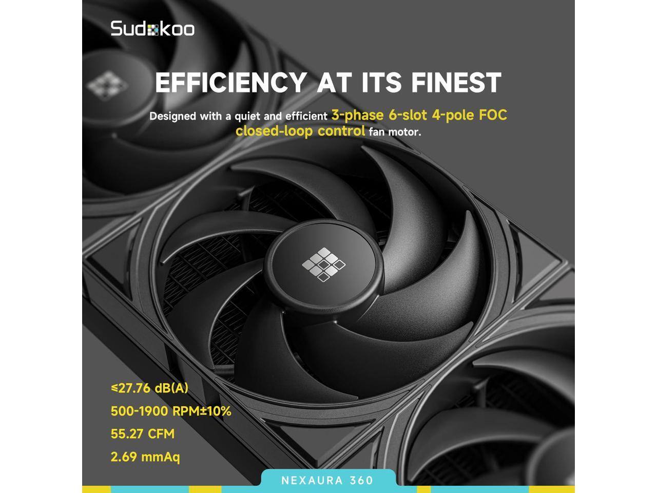 Sudkoo  
EFFICIENCY AT ITS FINEST  
Designed with a quiet and efficient 3-phase 6-slot 4-pole FOC closed-loop control fan motor.  
≤27.76 dB(A)  
500-1900 RPM±10%  
55.27 CFM  
2.69 mmAq  
NEXAURA 360