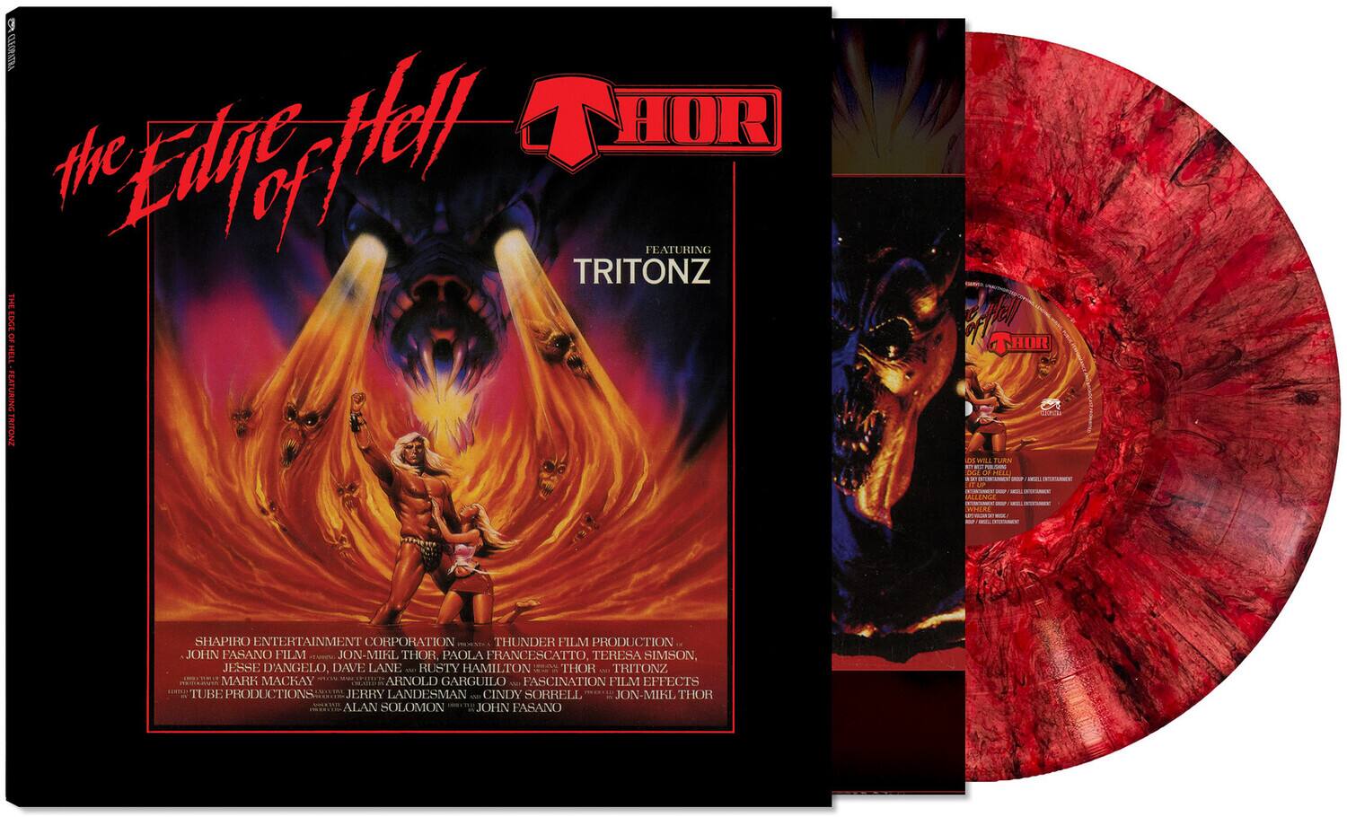 **Front Cover:**

- **Title:** The Edge of Hell
- **Subtitle:** Thor
- **Featuring:** Tritonz
- **Production:** Thunder Film Production
- **Cast:** Jon-Mikl Thor, Paola Francescato, Teresa Simson, Jesse D'Angelo, Dave Lane, Rusty Hamilton, Mark Macay, Arnold Garguilo, Cindy Sorrell
- **Production Companies:** Shapiro Entertainment Corporation, Tube Productions, Fascination Film Effects
- **Credits:** John Fasano Film, Jerry Landesman, Alan Solomon

**Back Cover:**

- **Title:** The Edge of Hell
- **Subtitle:** Thor
- **Featuring:** Tritonz
- **Production:** Thunder Film Production
- **Cast:** Jon-Mikl Thor, Paola Francescato, Teresa Simson, Jesse D'Angelo, Dave Lane, Rusty Hamilton, Mark Macay, Arnold Garguilo, Cindy Sorrell
- **Production Companies:** Shapiro Entertainment Corporation, Tube Productions, Fascination Film Effects
- **Credits:** John Fasano Film, Jerry Landesman, Alan Solomon

**Disc:**

- **Title:** The Edge of Hell
- **Subtitle:** Thor
- **Featuring:** Tritonz
- **Production:** Thunder Film Production
- **Cast:** Jon-Mikl Thor, Paola Francescato, Teresa Simson, Jesse D'Angelo, Dave Lane, Rusty Hamilton, Mark Macay, Arnold Garguilo, Cindy Sorrell
- **Production Companies:** Shapiro Entertainment Corporation, Tube Productions, Fascination Film Effects
- **Credits:** John Fasano Film, Jerry Landesman, Alan Solomon