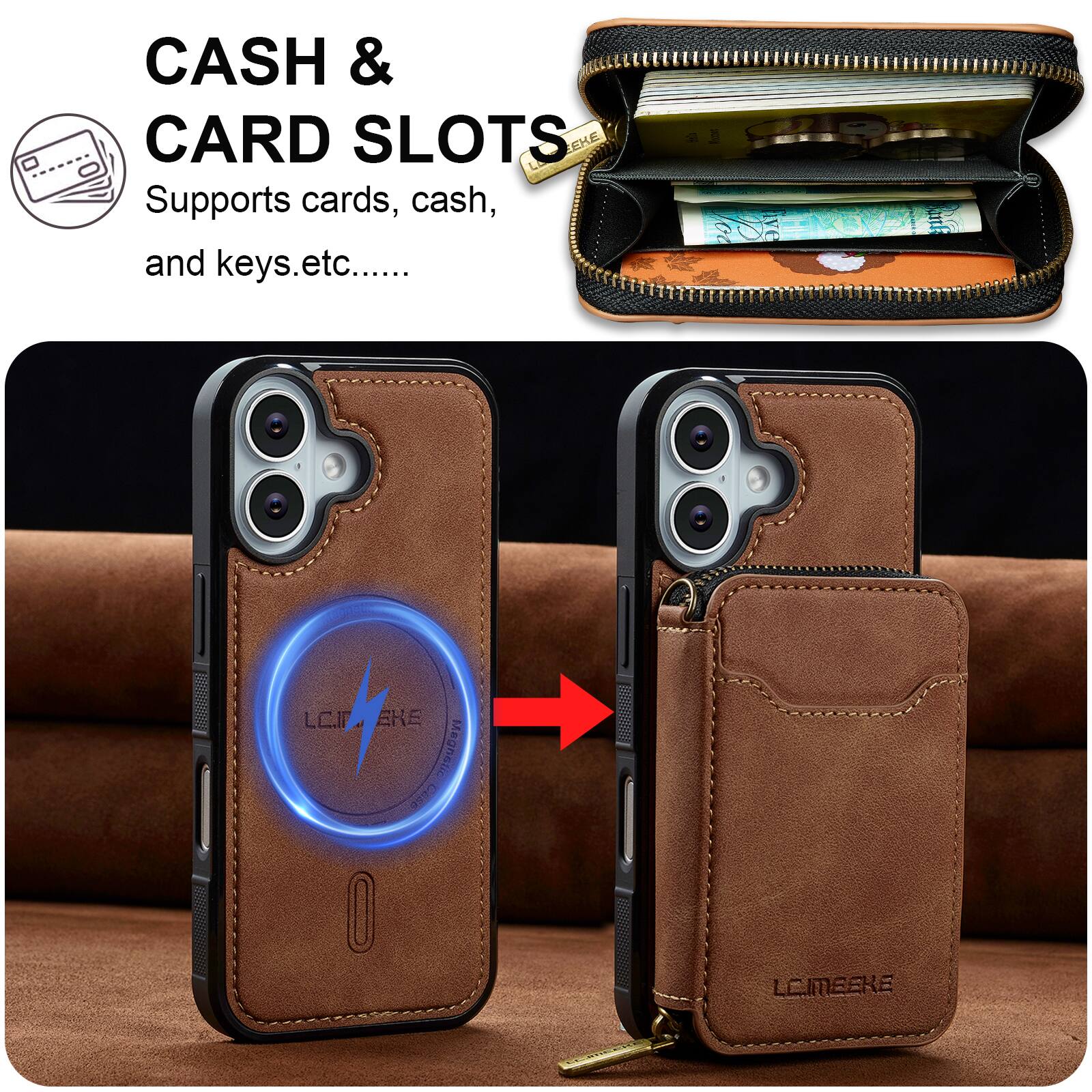 CASH & CARD SLOTS  
Supports cards, cash, and keys etc.....  

FR 50  
LC.IMBEKE  

EKE Megnetic CiSE O LO.IMBEKE
