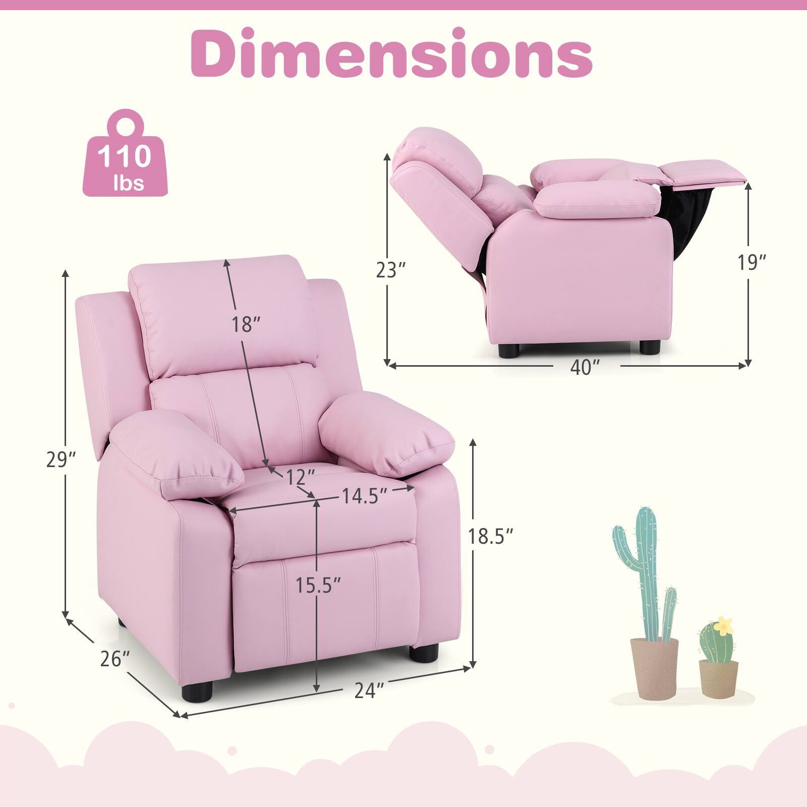 Dimensions:  
- Weight: 110 lbs  
- Width: 40"  
- Depth: 23"  
- Height: 29"  
- Seat Height: 18"  
- Seat Depth: 19"  
- Armrest Height: 18.5"  
- Armrest Width: 14.5"  
- Back Height: 26"  
- Overall Height: 24"