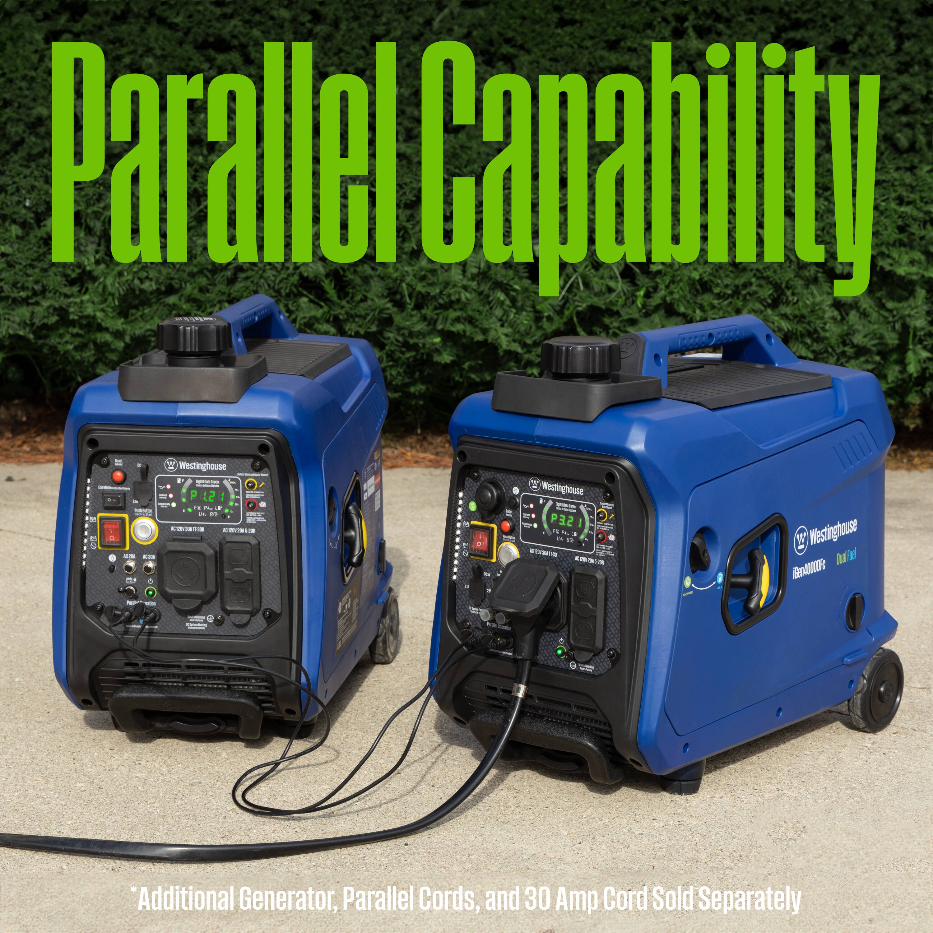 Parallel Capability - 15655 868 Westinghouse. - - - - P121 P - : - d. . - +. -O Eoa -- -- OS- d - - - - W a Y Resinghoute CN .. - P32 I I ~ - - L - W Mestighcuse Mo i BAUR - Additional Generator, Parallel Cords, and 30 Amp Cord Sold Separately