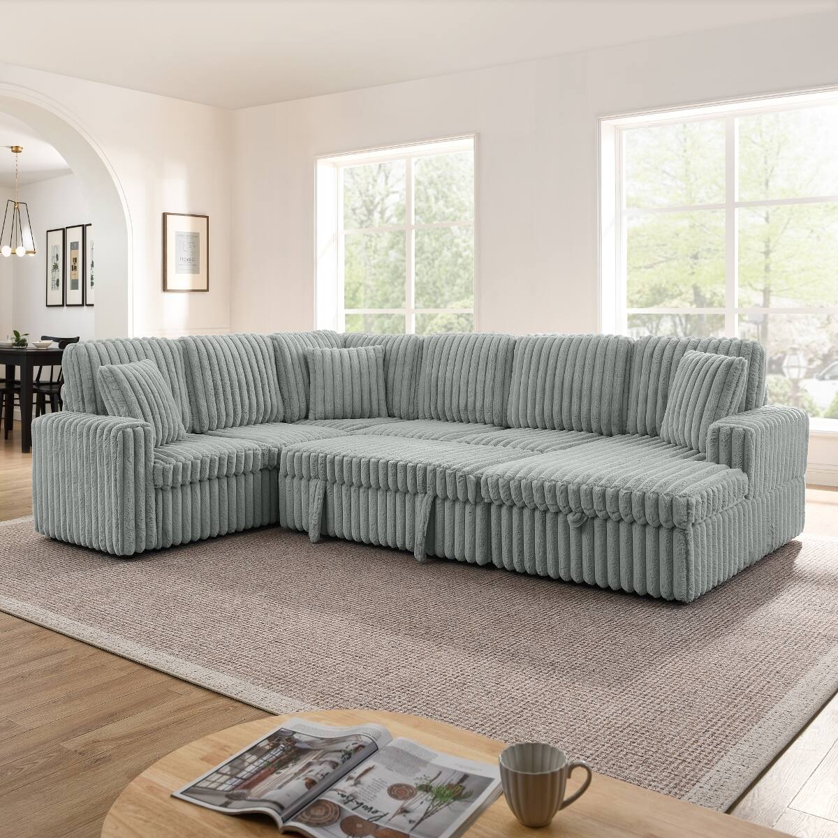 Angle. Ropilly - Ropilly U Shaped Sectional Sofa, Corduroy Upholstered Pull Out Sofa Bed with Storage Chaise, Grey - Grey.