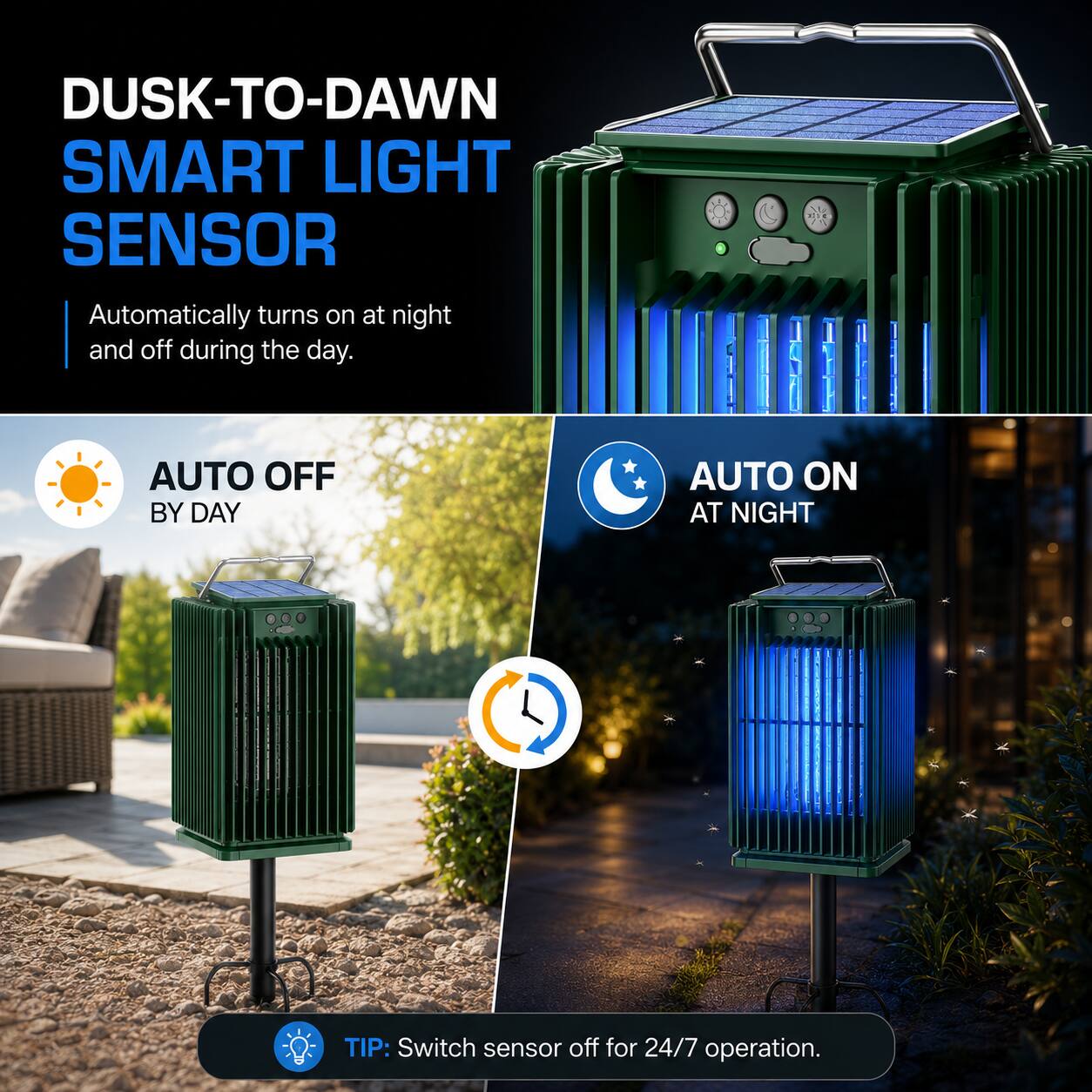 DUSK-TO-DAWN SMART LIGHT SENSOR  
Automatically turns on at night and off during the day.  

AUTO OFF BY DAY  
AUTO ON AT NIGHT  

TIP: Switch sensor off for 24/7 operation.