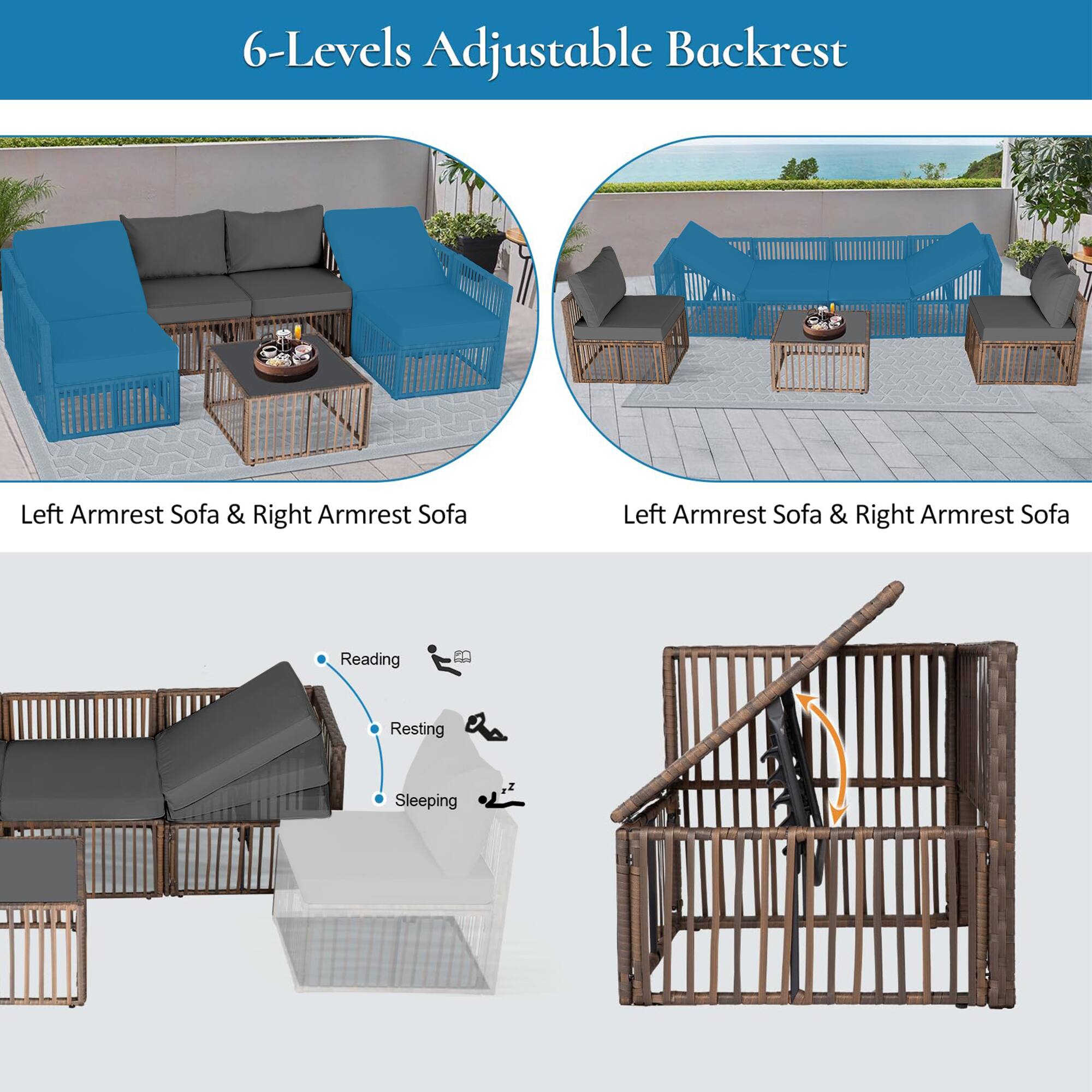 6-Levels Adjustable Backrest

Left Armrest Sofa & Right Armrest Sofa

Reading
Resting
Sleeping