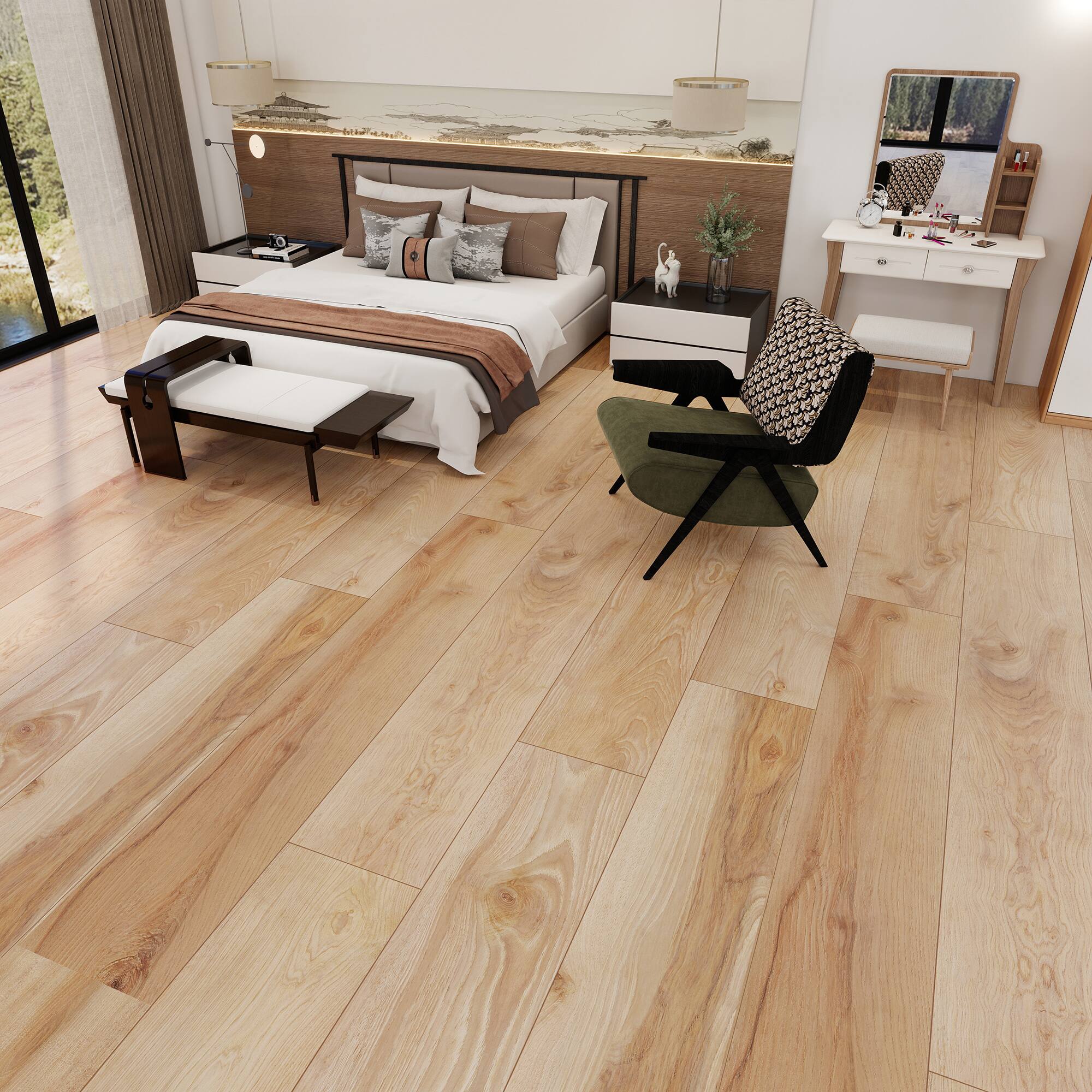 Left. Dotfloor - Superoak PLUS Laminate Flooring - 72.7"x9.6" Planks, 6 Planks/Box (27.09 sq ft/Box), 12mm Thick, AC5 Wear Rating - Golden Hickory.