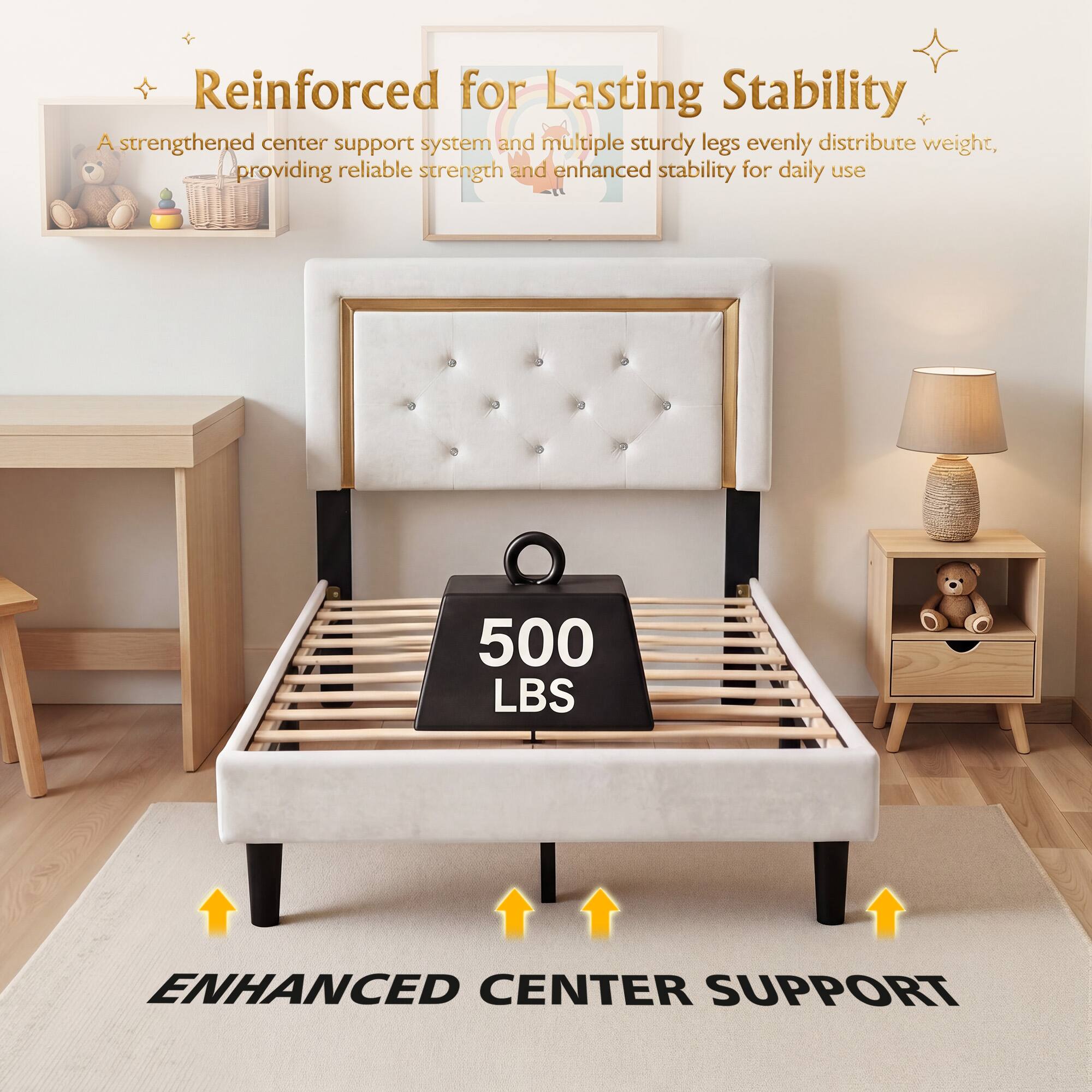Reinforced for Lasting Stability

A strengthened center support system and multiple sturdy legs evenly distribute weight, providing reliable strength and enhanced stability for daily use

500 LBS

ENHANCED CENTER SUPPORT