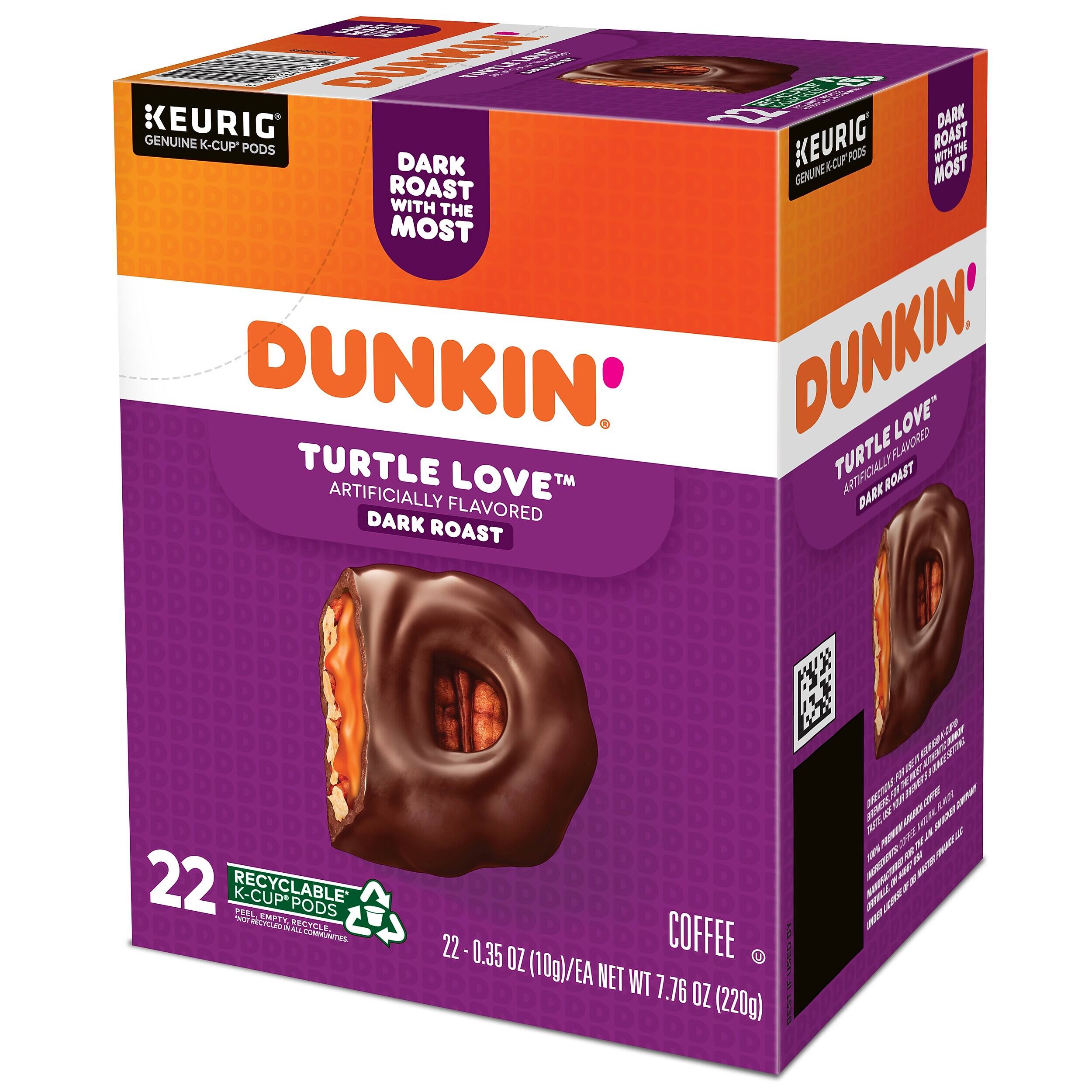 Dunkin' Turtle Love™ Artificially Flavored Dark Roast K-Cup Pods

Dark Roast with the Most

22 Recyclable K-Cup Pods

Net Weight: 7.76 oz (220g)

Each Pod: 0.35 oz (10g)