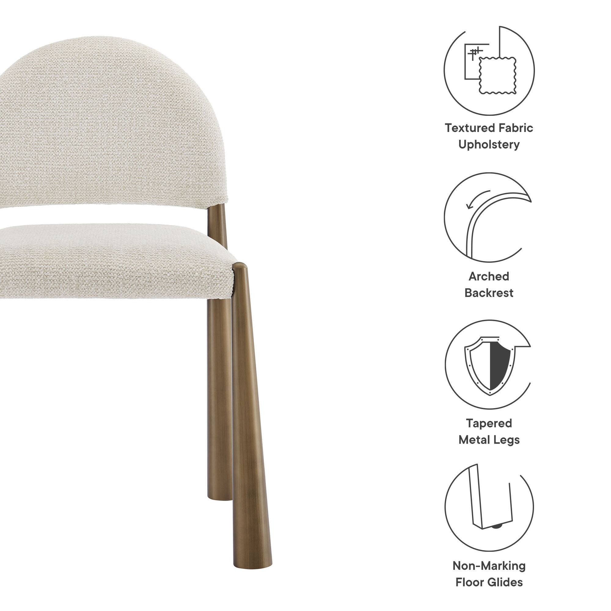 - Textured Fabric Upholstery
- Arched Backrest
- Tapered Metal Legs
- Non-Marking Floor Glides