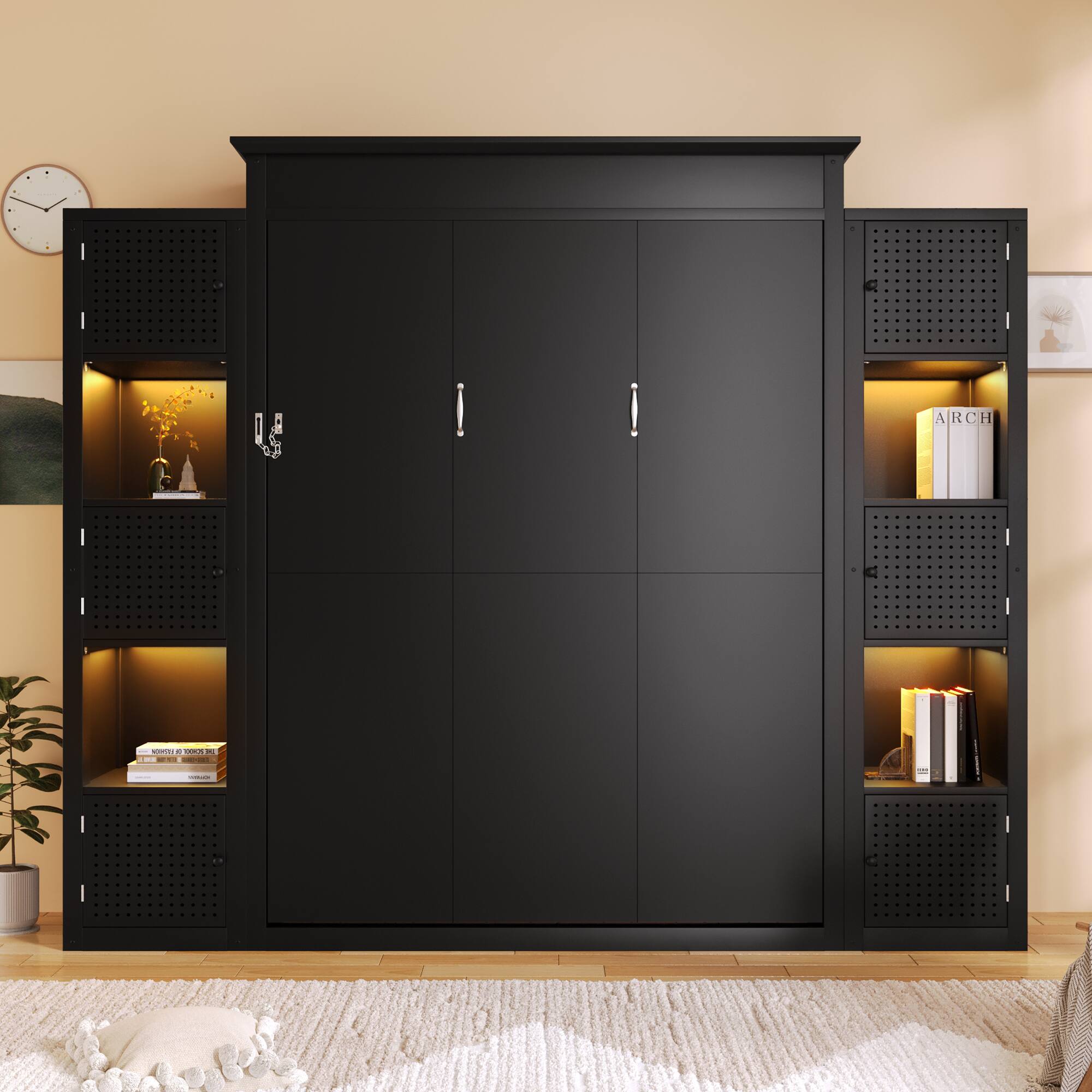 Angle. Whisen - Queen-Size Murphy Bed with LED Lights, Storage Shelves, Padded Headboard, Wall-Mounted Foldable Design - Black.