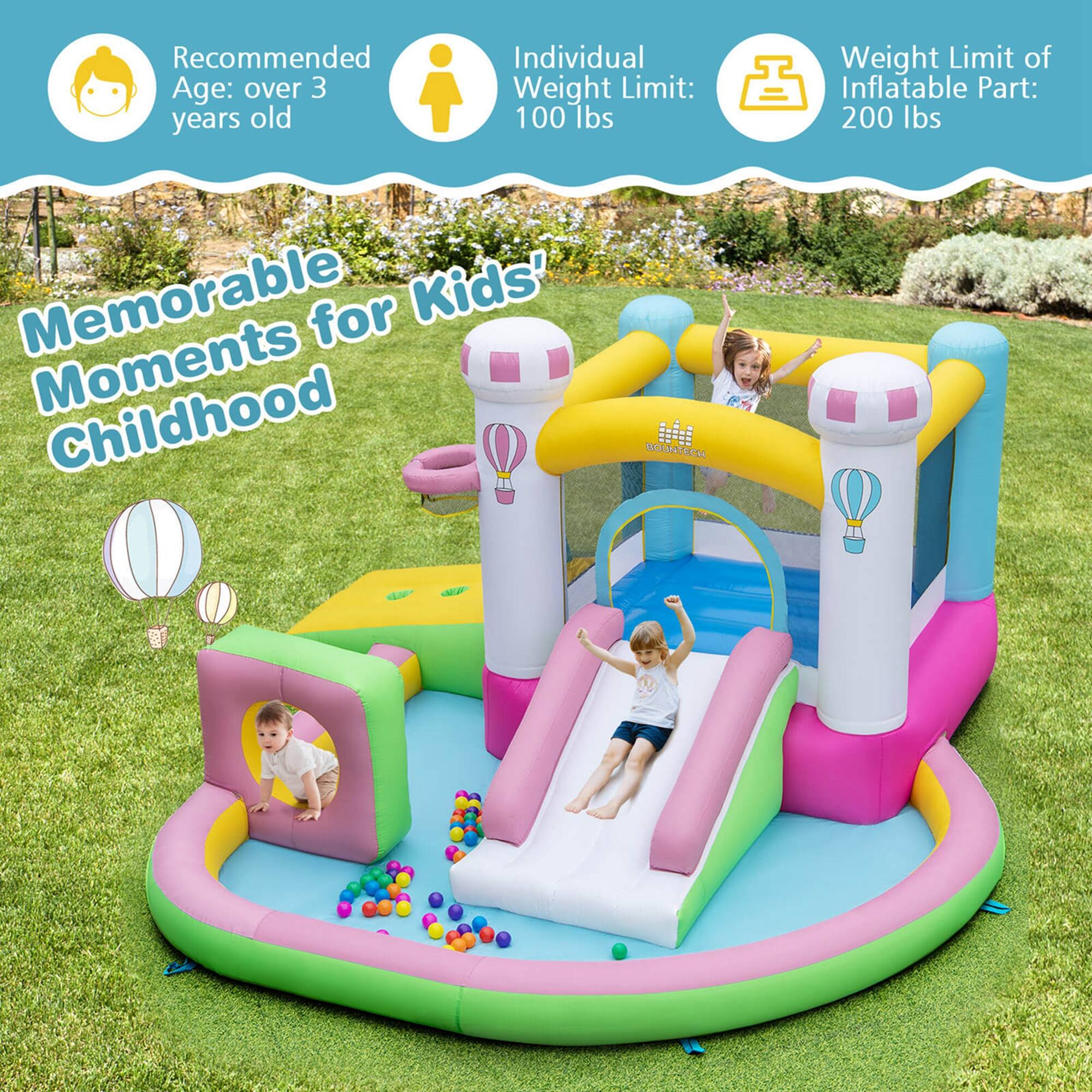 Recommended Age: over 3 years old Individual Weight Limit: 100 lbs Weight Limit of Inflatable Part: 200 lbs Memorable for Kids' Moments Childhood SOUHTECH