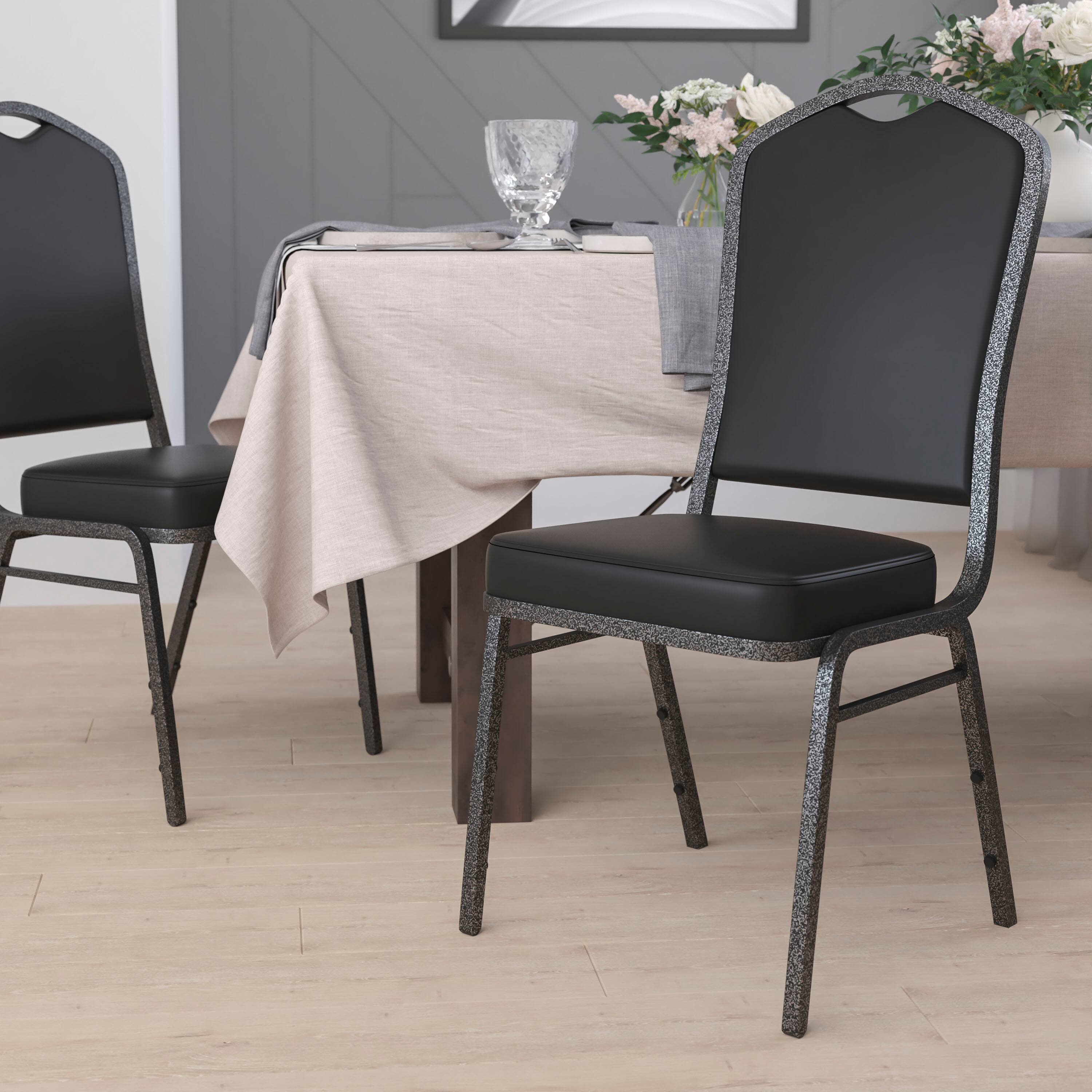 Alt View 1. Emma + Oliver - Crown Back Stacking Banquet Dining Chair - Black Vinyl/Silver Vein Frame.