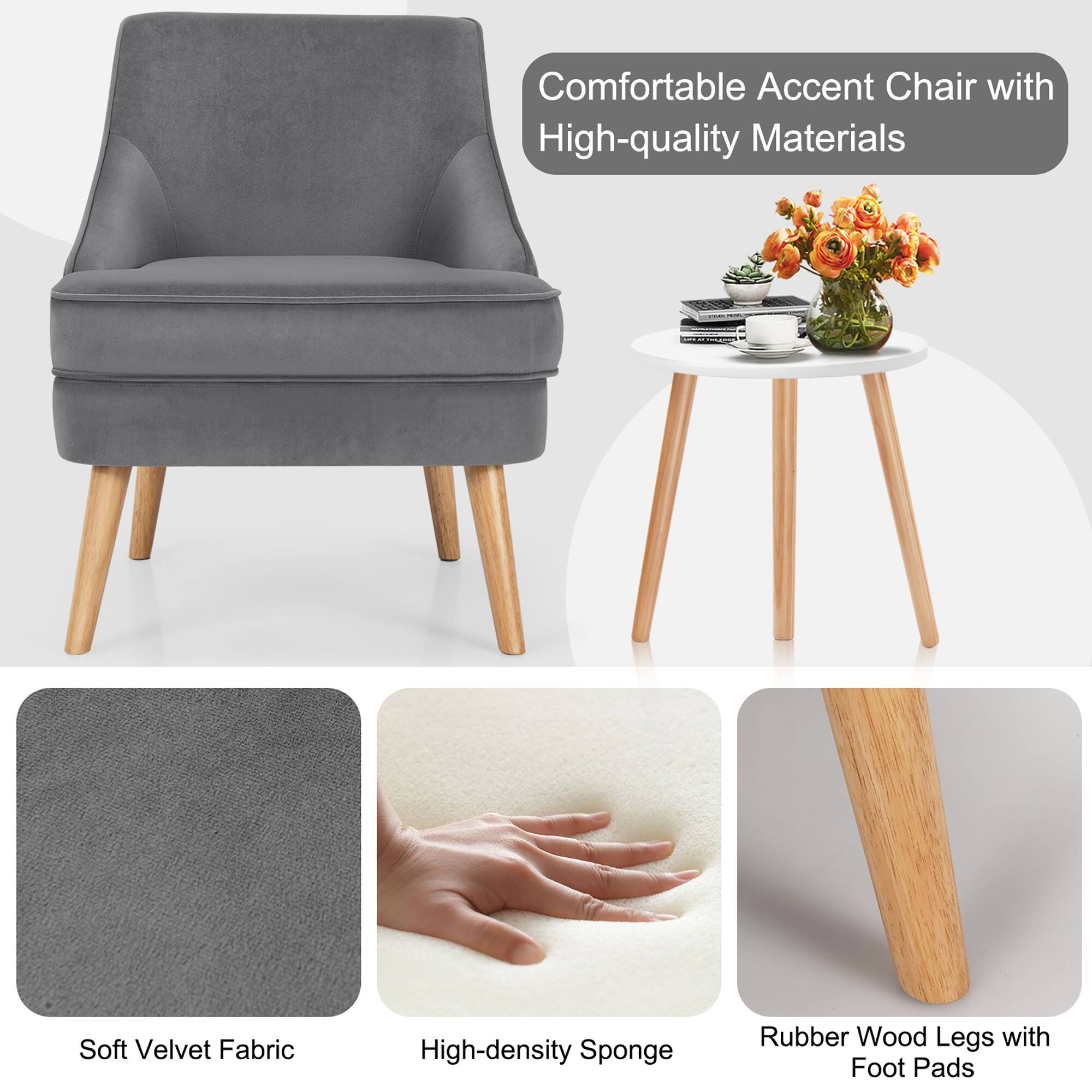 Comfortable Accent Chair with High-quality Materials: Soft Velvet Fabric, High-density Sponge, Rubber Wood Legs with Foot Pads.