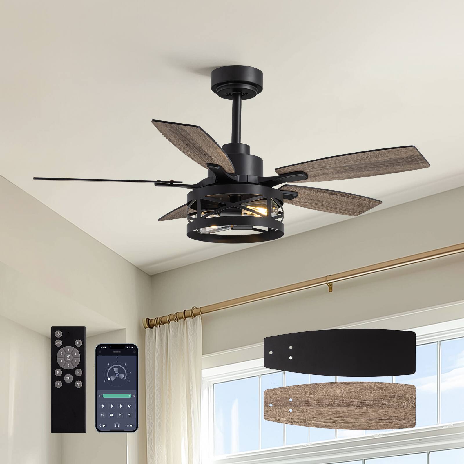 Angle. Siljoy - 42-inch Farmhouse Cage Ceiling Fan with Light Slim Metal App & Remote Dimmable LED for Living Room Bedroom and Patio - Brown.