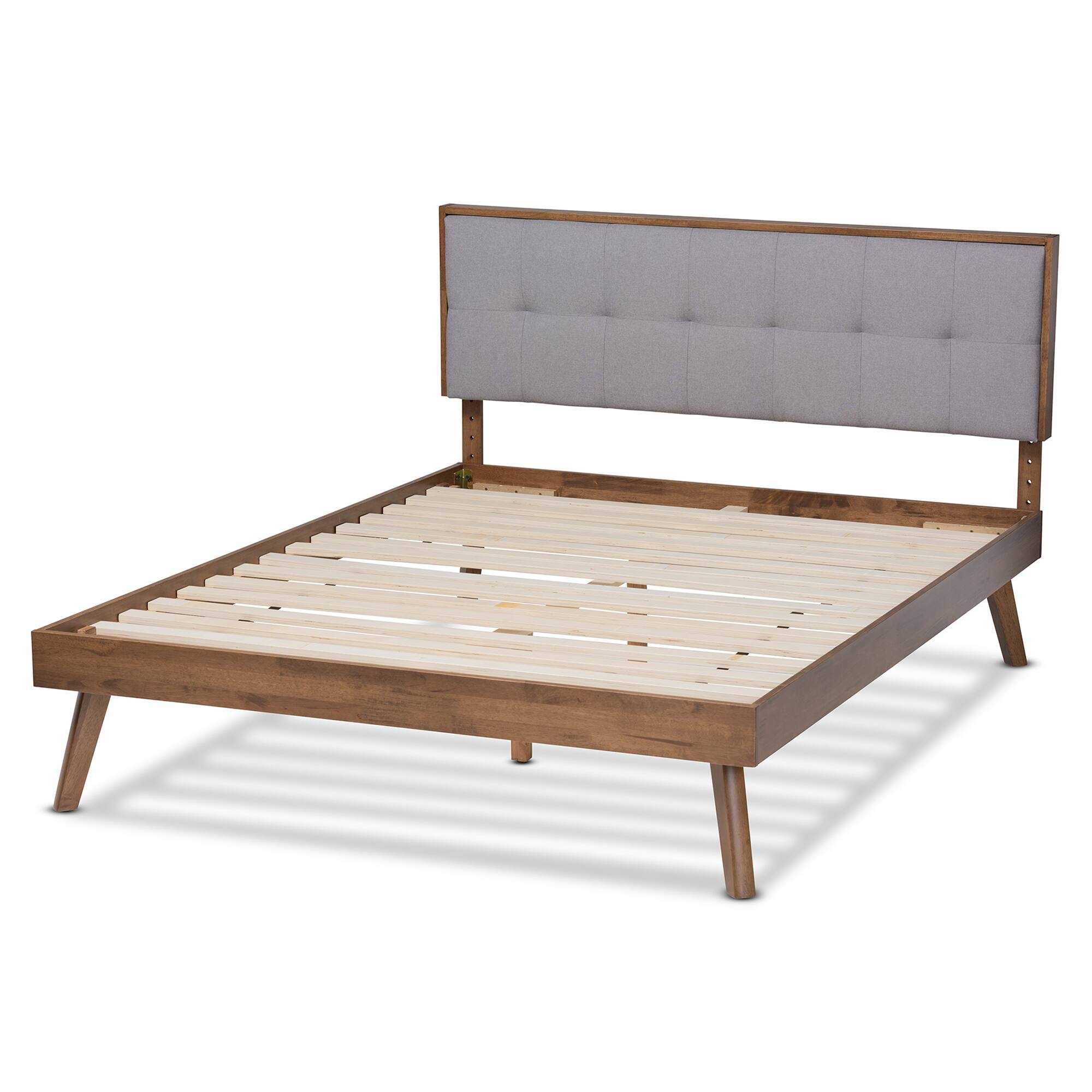 Left. Baxton Studio - Alke Mid-Century Modern Fabric Upholstered Walnut Brown Finished Wood Platform Bed - Light Grey/Walnut.