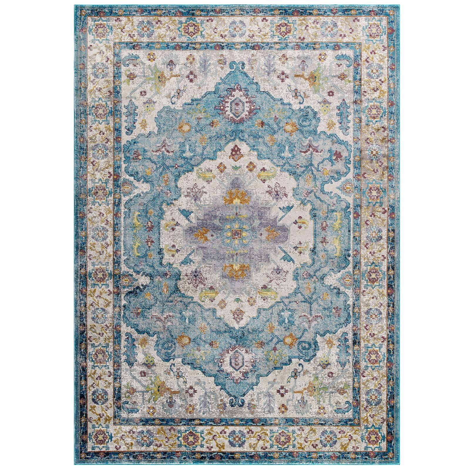 Angle. Modway - Success Anisah Distressed Floral Vintage Medallion Area Rug - Light Blue Ivory Yellow Orange.