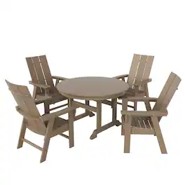 WestinTrends - Ashore 5 Piece Outdoor Patio Dining Round Table and Modern Armchair Set - Weathered Wood