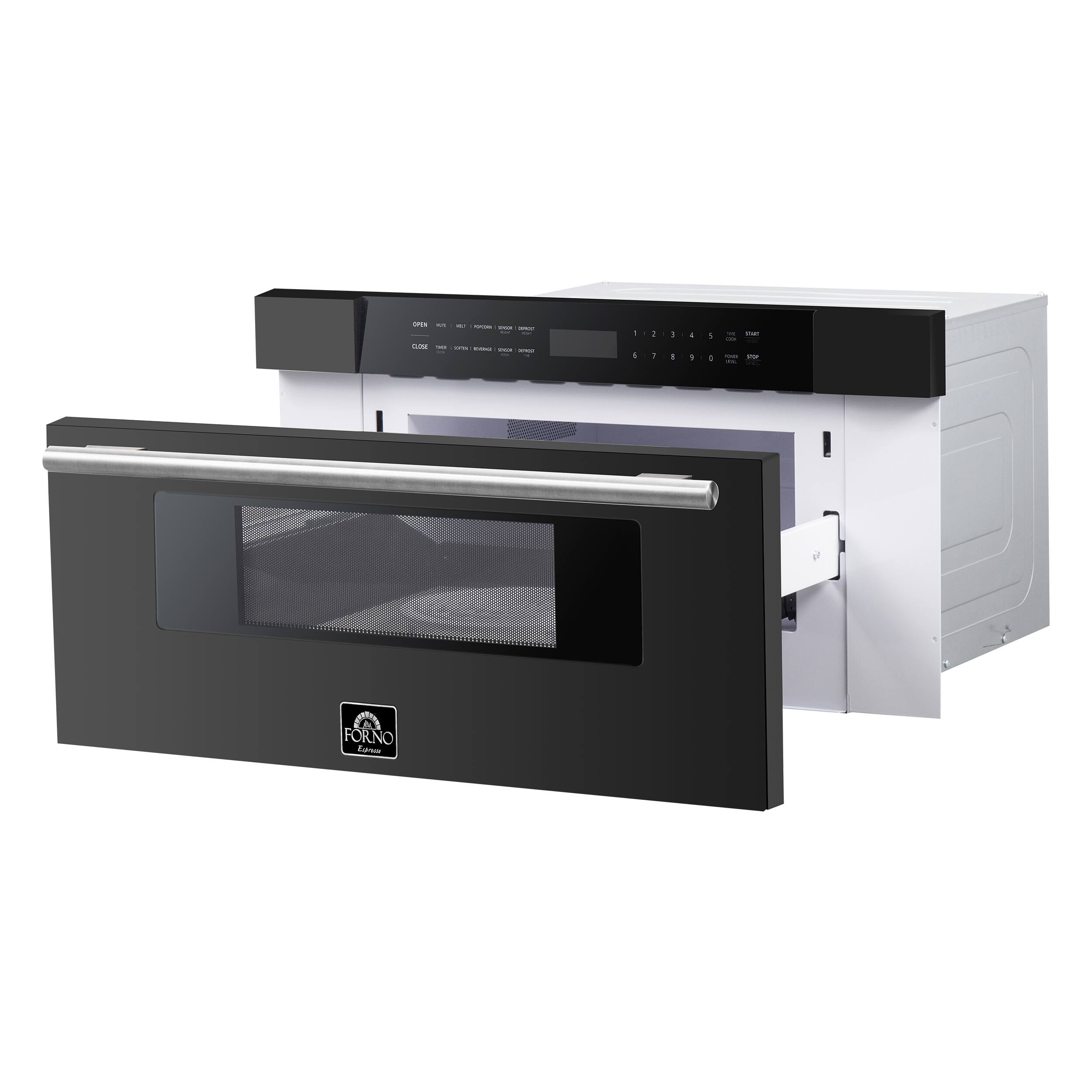 Left. Forno Appliances - Capoliveri 1.2 cu. ft. Bulit-In Microwave Drawer with Sensor Cooking and Angled Touch Controls - Black.