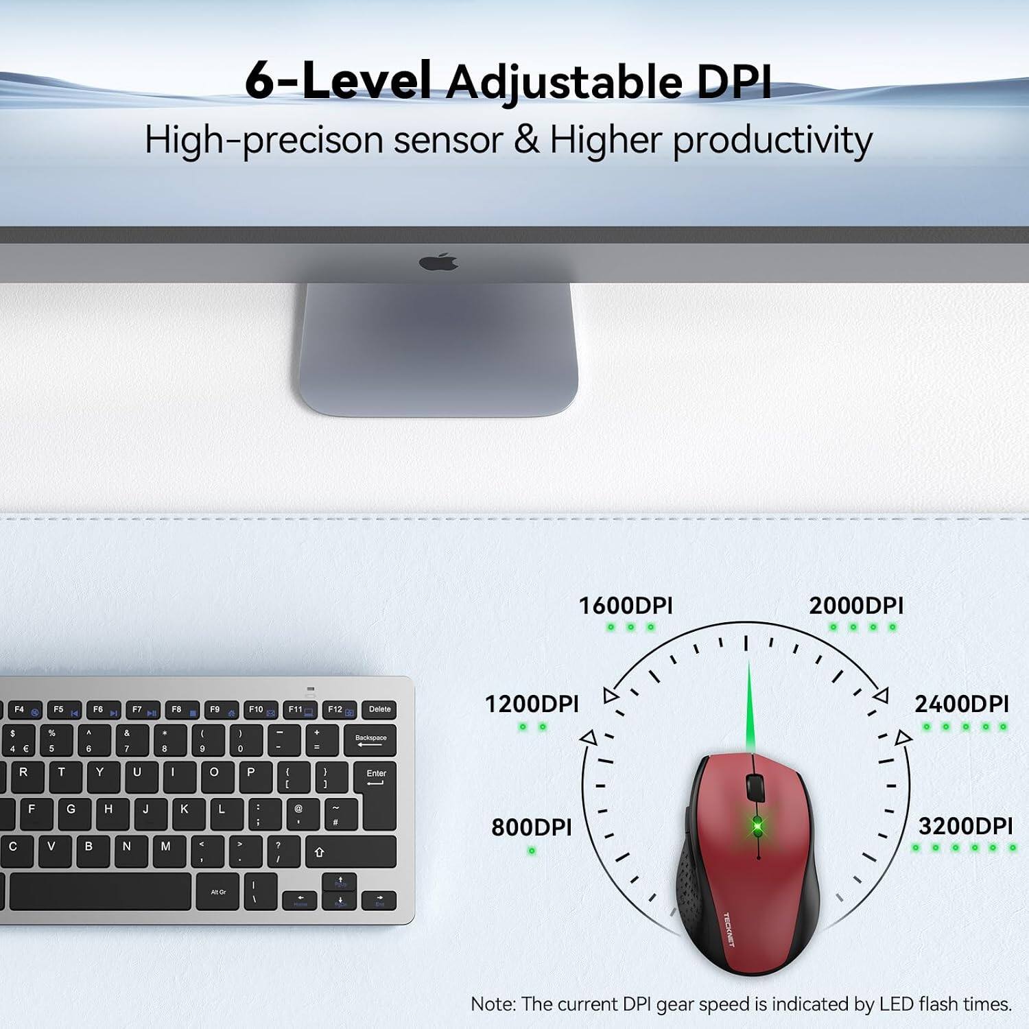 6-Level Adjustable DPI  
High-precision sensor & Higher productivity  

1600DPI  
2000DPI  
1200DPI  
2400DPI  
800DPI  
3200DPI  

Note: The current DPI gear speed is indicated by LED flash times.