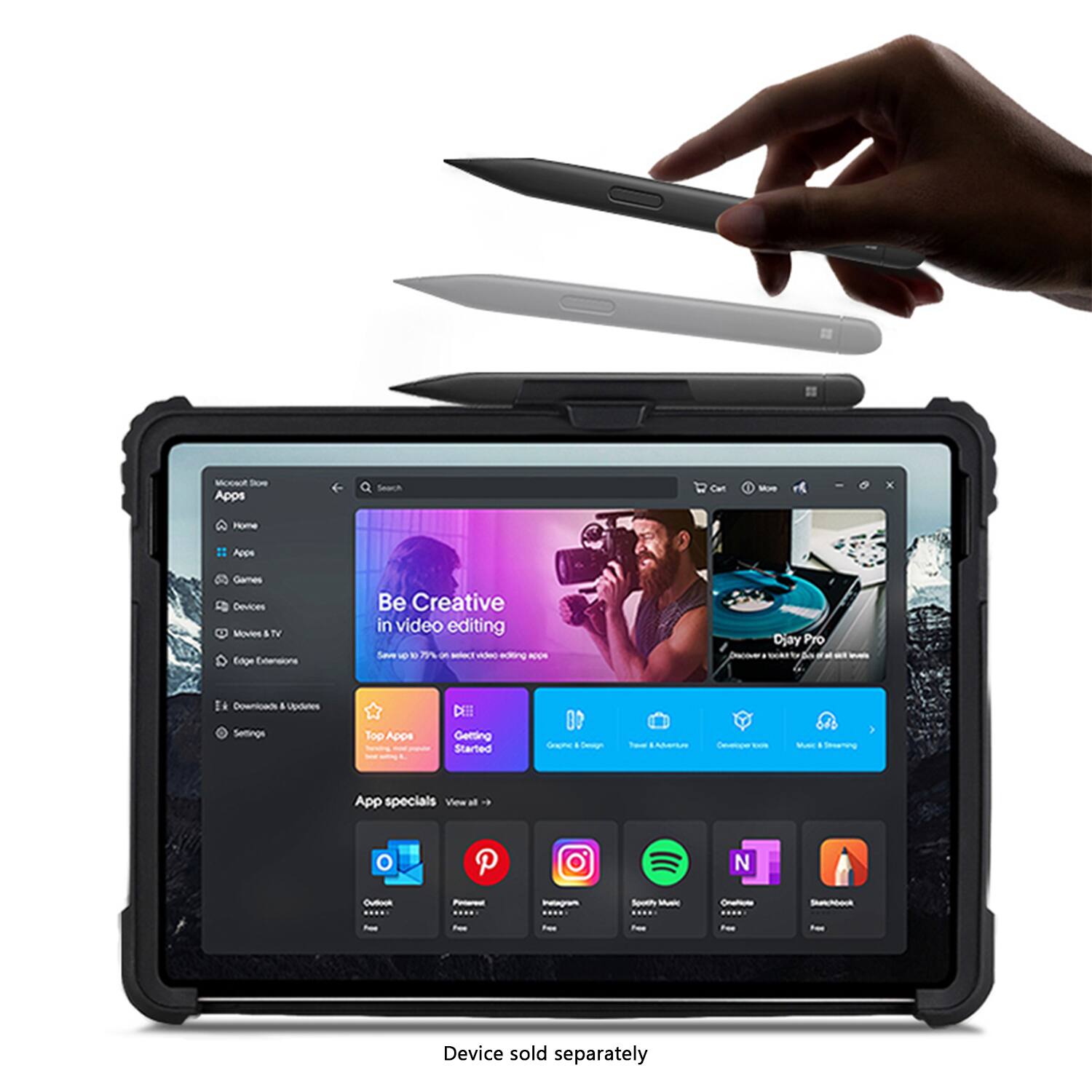 Sure, here is the corrected and grouped text from the image:

---

**Microsoft Store Apps**

- Home
- Apps
- Games
- Devices
- Movies & TV
- Edge Extensions
- Downloads & Updates
- Settings

**Be Creative in video editing**

- Save up to 79% on select video editing apps

**Top Apps**

- Getting Started
- Instagram
- Spotify Music
- Craftimate
- StepShot

**App specials**

- Outlook
- Pinterest
- Instagram
- Spotify Music
- Craftimate
- StepShot

**Device sold separately**

---

**Categories**

- Apps
- Games
- Devices
- Movies & TV
- Graphic & Design
- Tools & Accessories
- Office & Utilities
- Music & Training

**Search**

- Search bar with placeholder text

**Cart**

- Cart icon with "0" indicating no items

**More**

- More icon

**Close**

- Close icon

**Djay Pro**

- DJay Pro: Create a track in minutes with the world's most popular DJ app

---

**Additional Text**

- Nothing to see here

---

This text is organized based on the layout and content visible in the image.