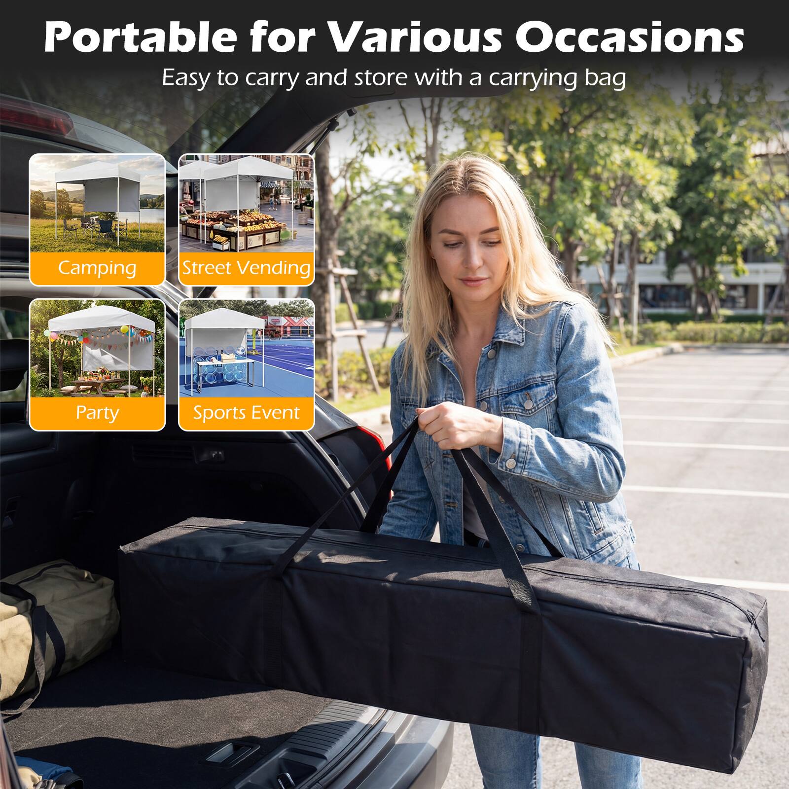 Portable for Various Occasions  
Easy to carry and store with a carrying bag  

- Camping  
- Street Vending  
- Party  
- Sports Event