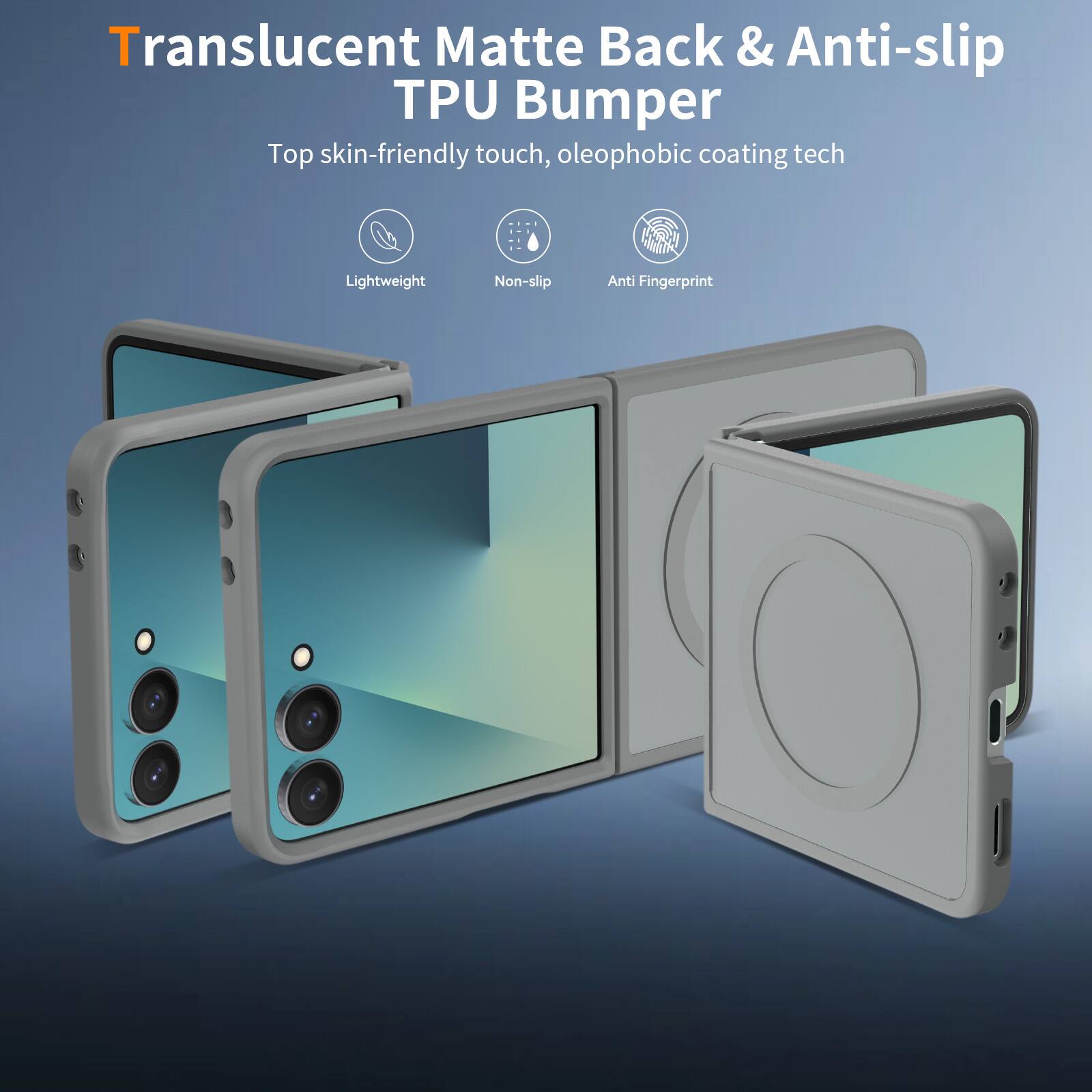 Translucent Matte Back & Anti-slip TPU Bumper  
Top skin-friendly touch, oleophobic coating tech  
Lightweight  
Non-slip  
Anti Fingerprint