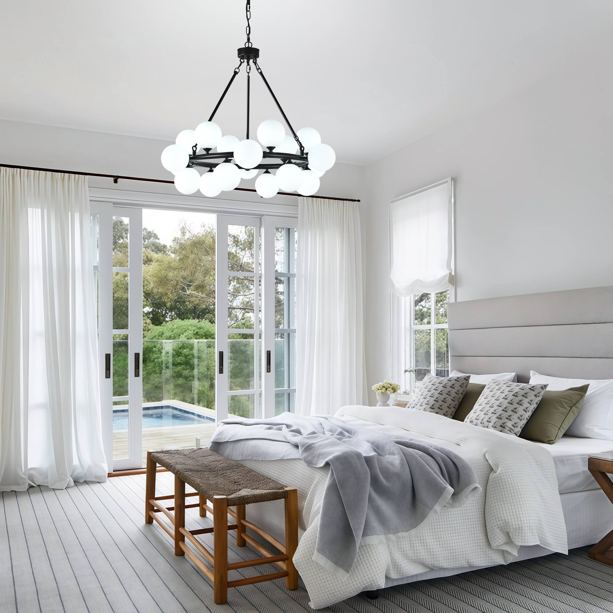 Back. RYHNUYNE - 31.97" Black Wagon Wheel Chandelier with 18 Milky White Glass Globes, Modern Farmhouse Pendant Light for Dining Room.