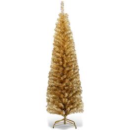 Costway - 6FT Gold Tinsel Tree Slim Pencil Christmas Tree - Champagne