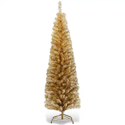 Front. Costway - 6FT Gold Tinsel Tree Slim Pencil Christmas Tree - Champagne.