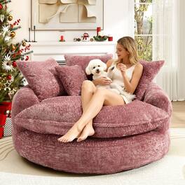 Anysun - Oversized Round Comfortable Chenille Foam Chair with Pillows - Pink