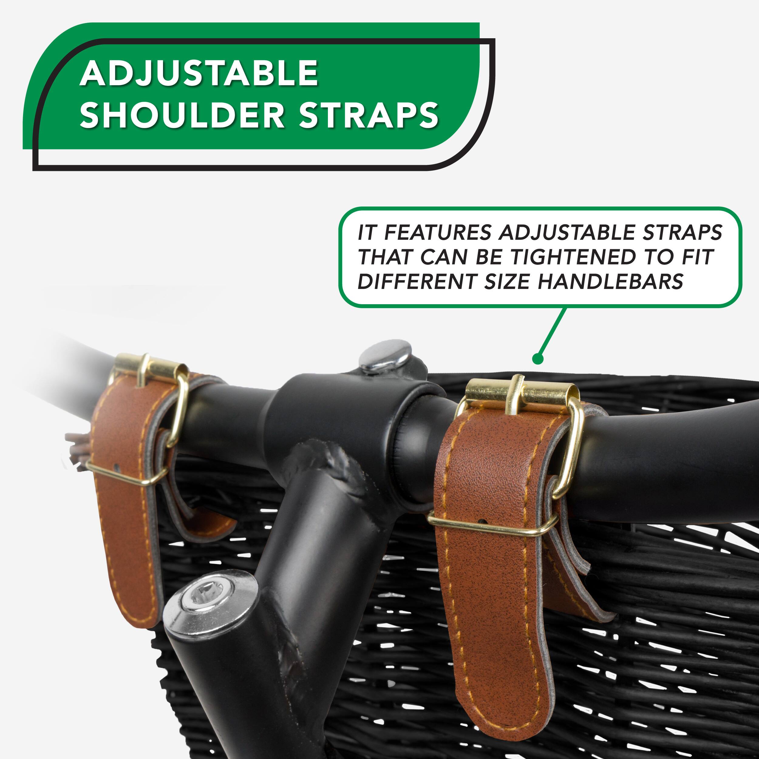ADJUSTABLE SHOULDER STRAPS IT FEATURES ADJUSTABLE STRAPS THAT CAN BE TIGHTENED TO FIT DIFFERENT SIZE HANDLEBARS